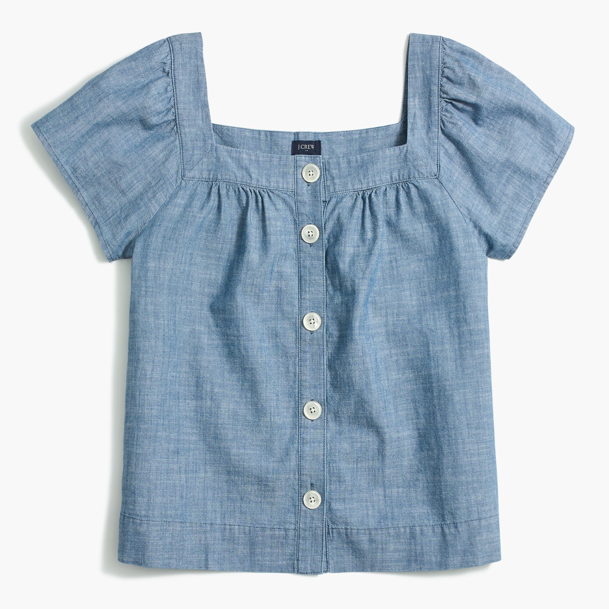 Square-neck button-front chambray top