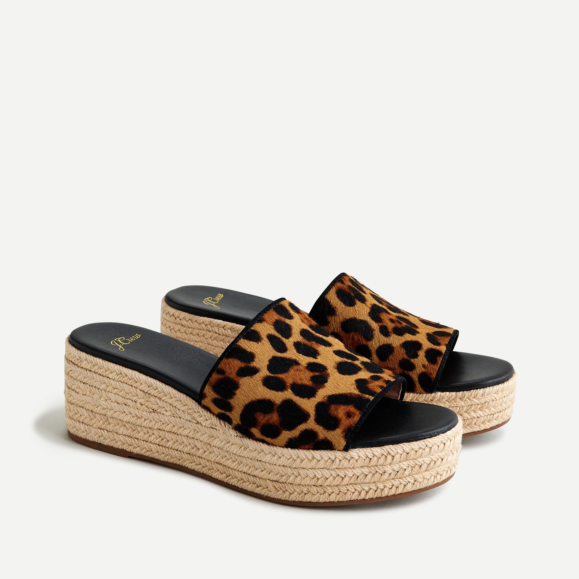 Wedge heel slide sandals in leopard calf hair