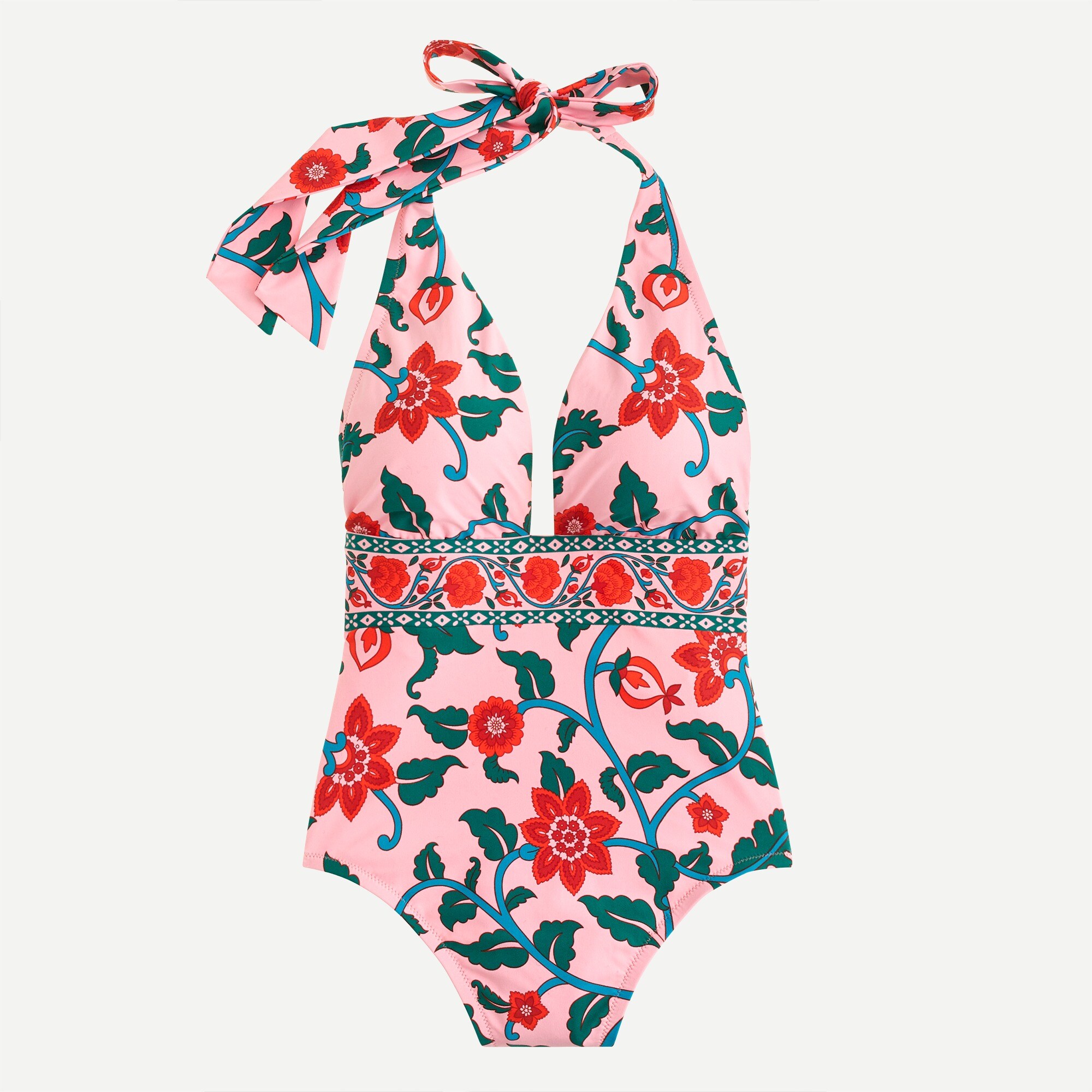 Halter one-piece swimsuit in floral block print