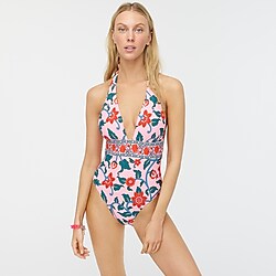 Halter one-piece swimsuit in floral block print