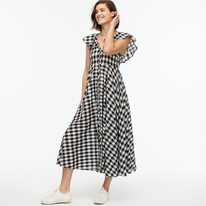 j.crew: button-up ruffle dress in gingham for women, right side, view zoomed