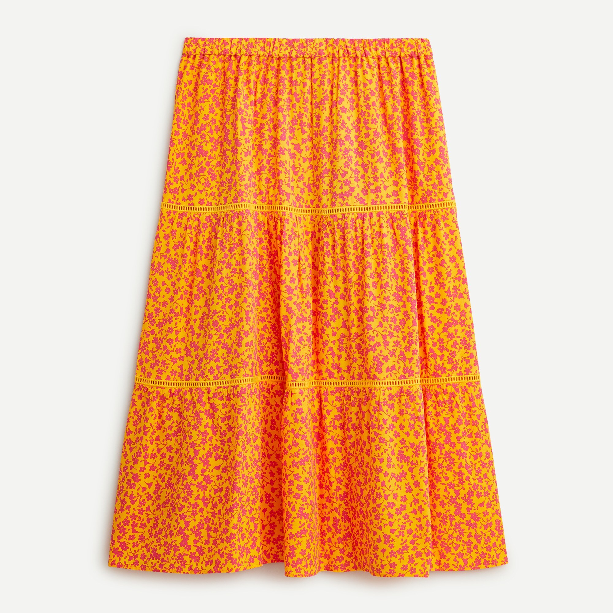 Tiered pull-on midi skirt in tossed bouquet print