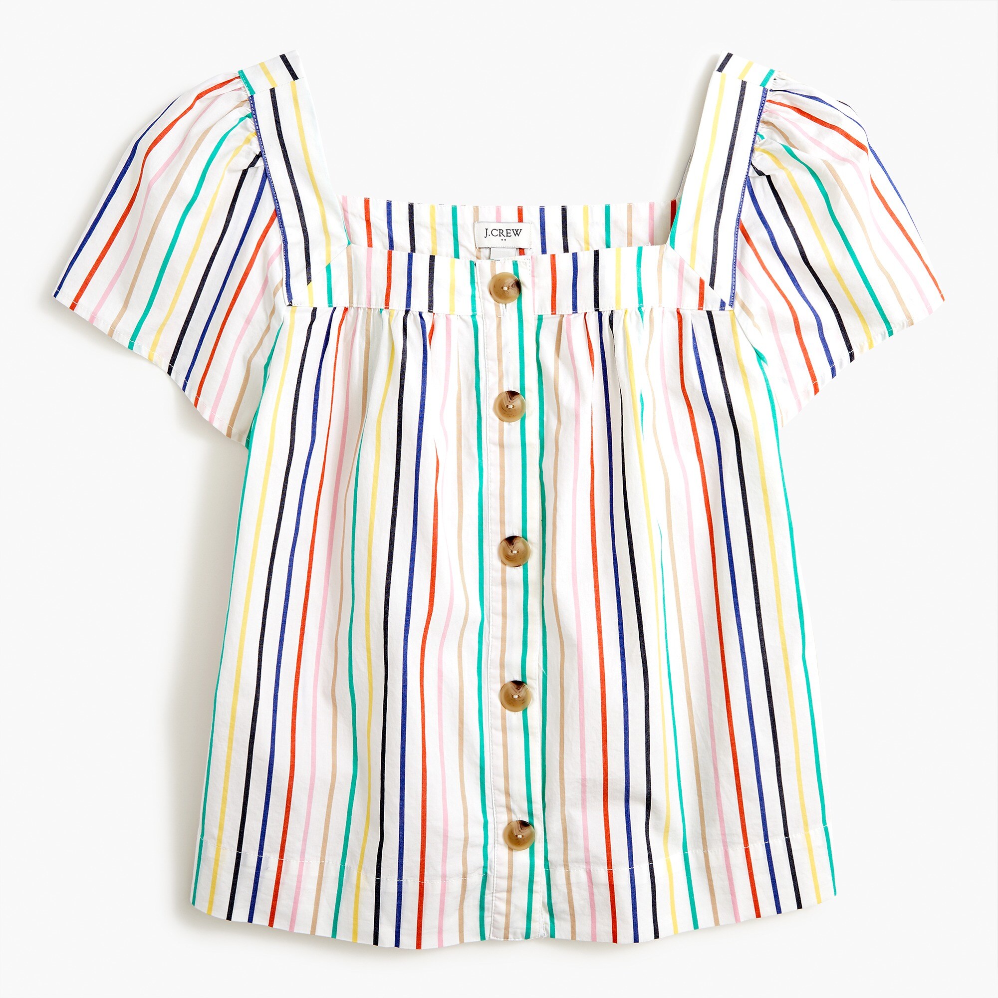 Striped square-neck button-front top in stretch cotton poplin