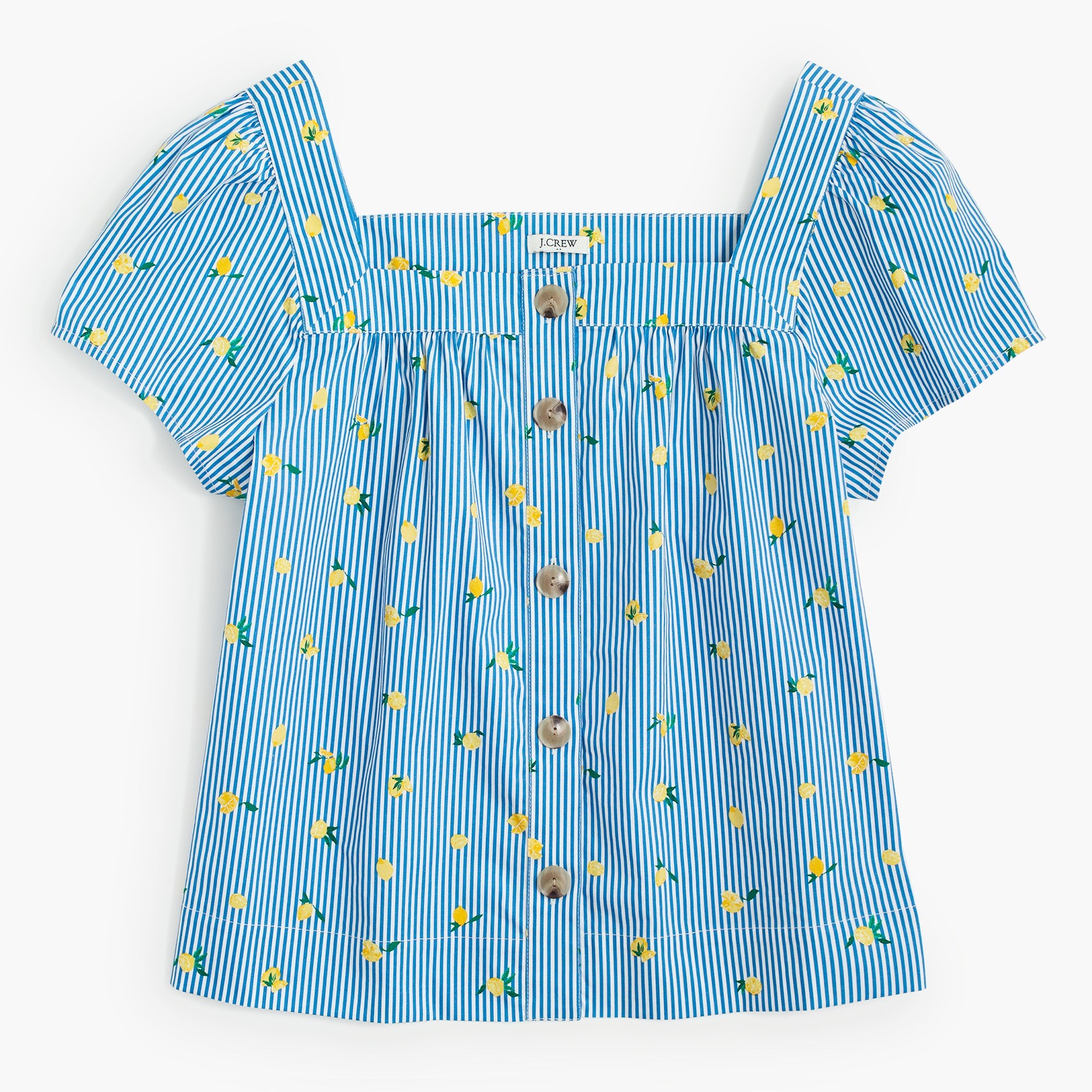 Lemon-print Square-neck Button-front Top In Stretch Cotton Poplin