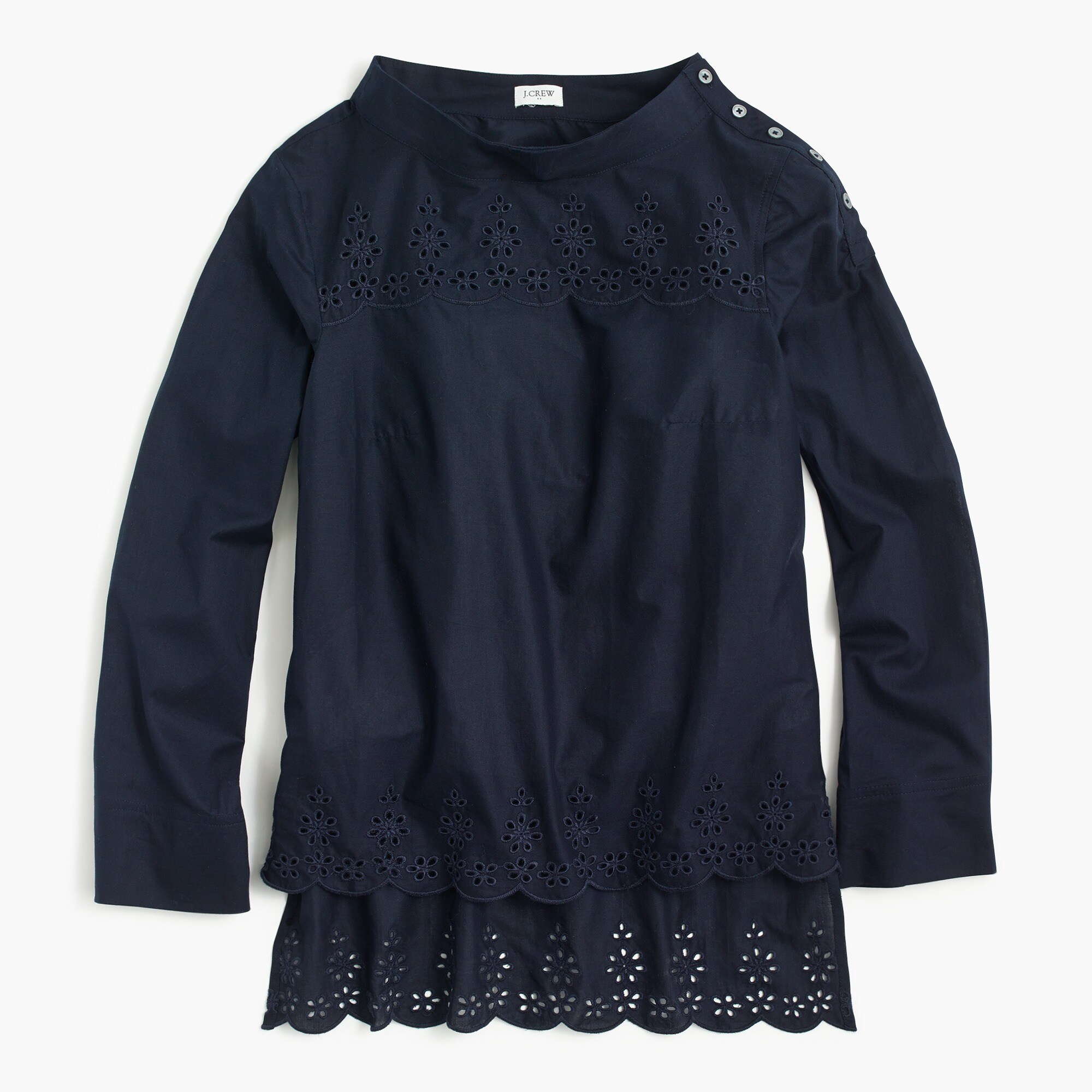 Scalloped eyelet funnelneck top