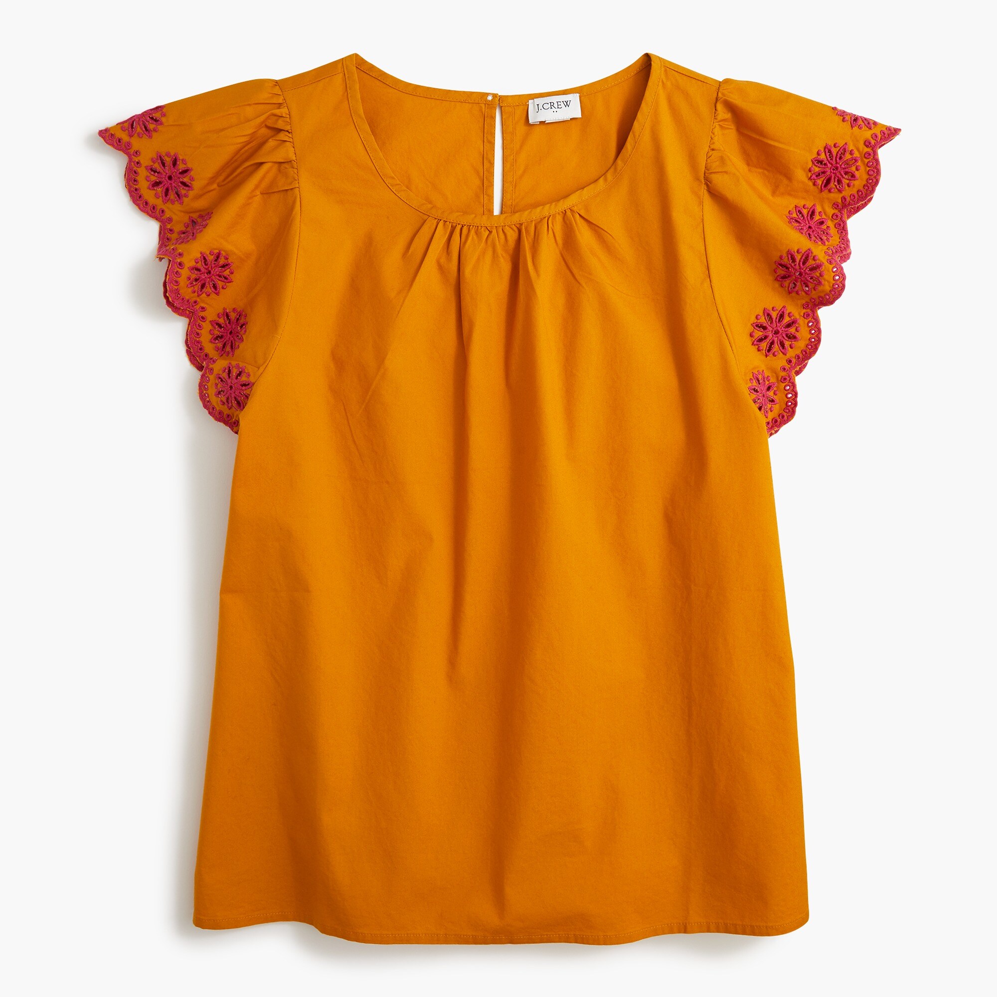 Embroidered flutter-sleeve blouse in stretch cotton poplin