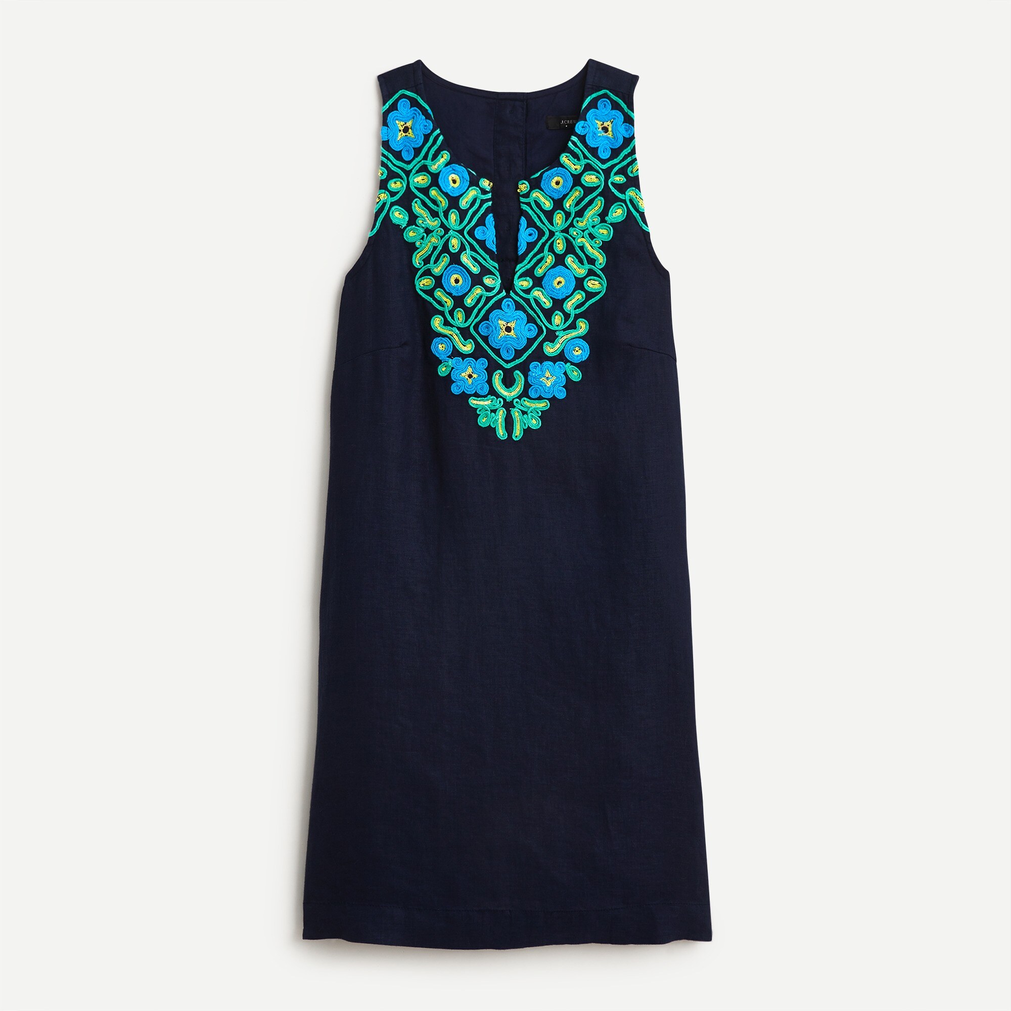 Button-back linen shift dress with embroidery