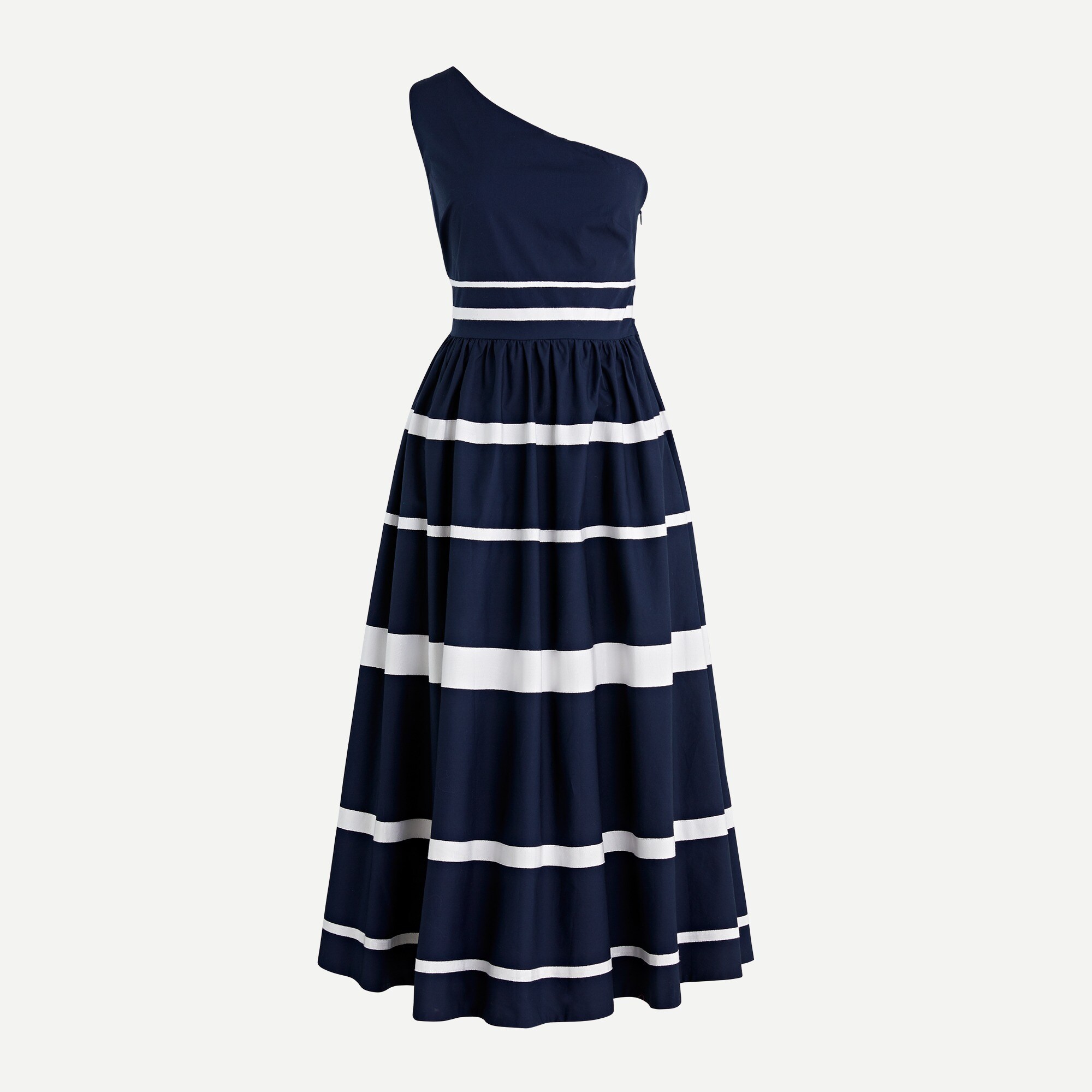 One-shouldered Maxi Dress In Cotton Poplin With Ribbon Stripes For