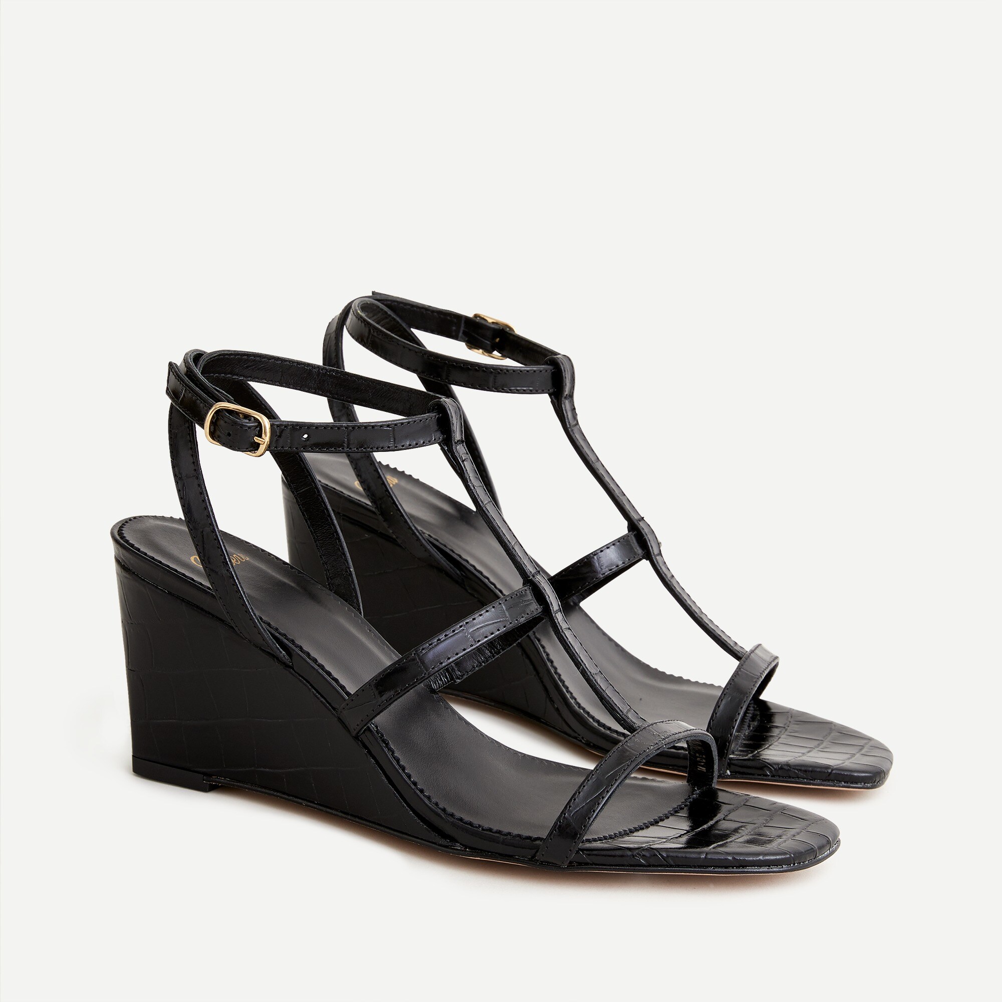 T-strap wedges in croc-embossed leather