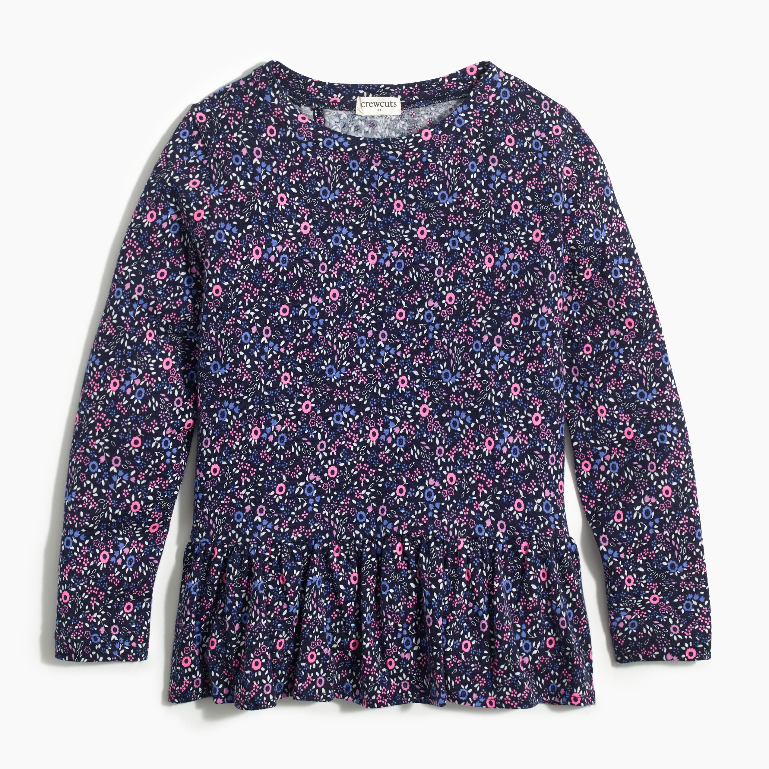 Girls' long-sleeve floral ruffle-back peplum tee
