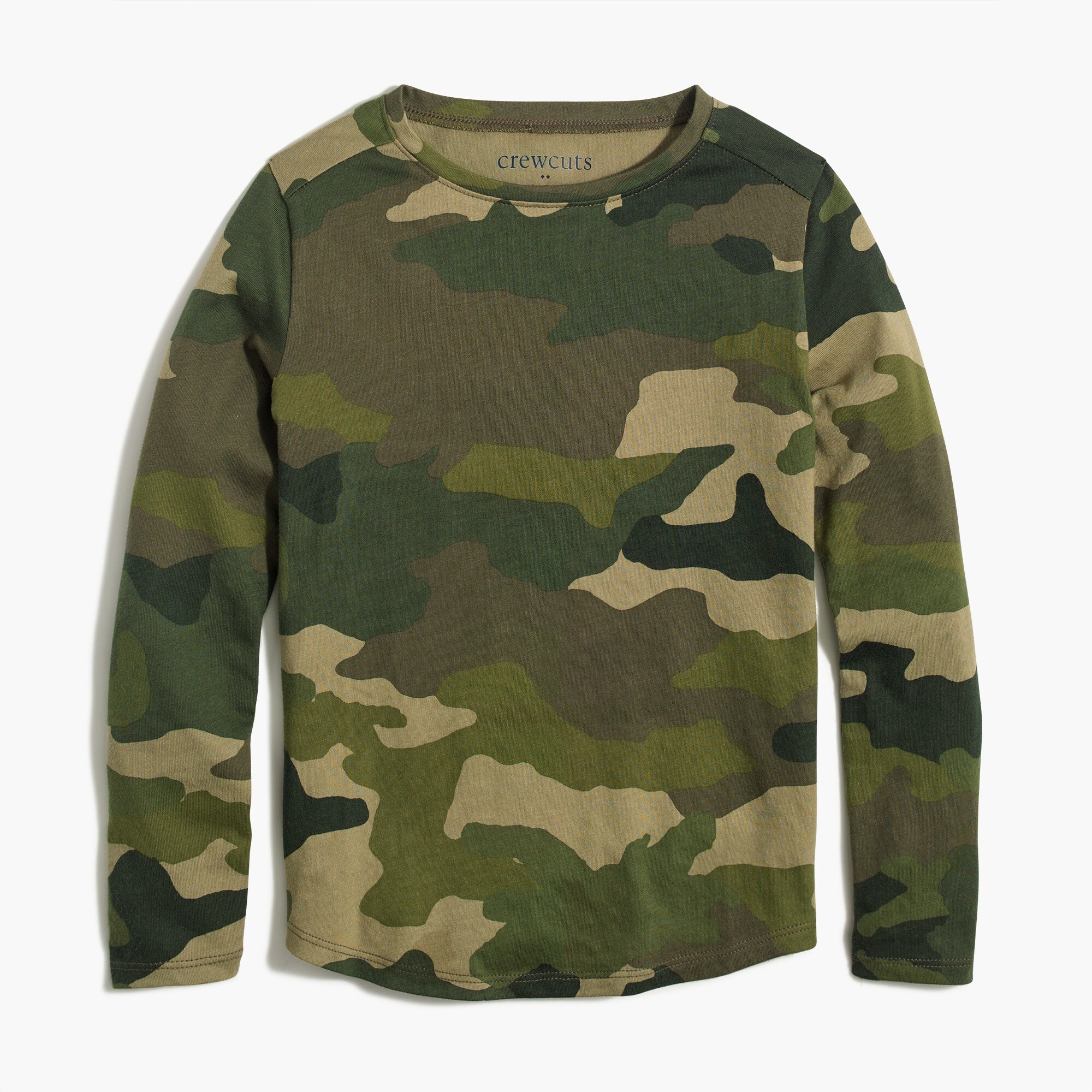 Girls' long-sleeve camo tee with shirttail hem