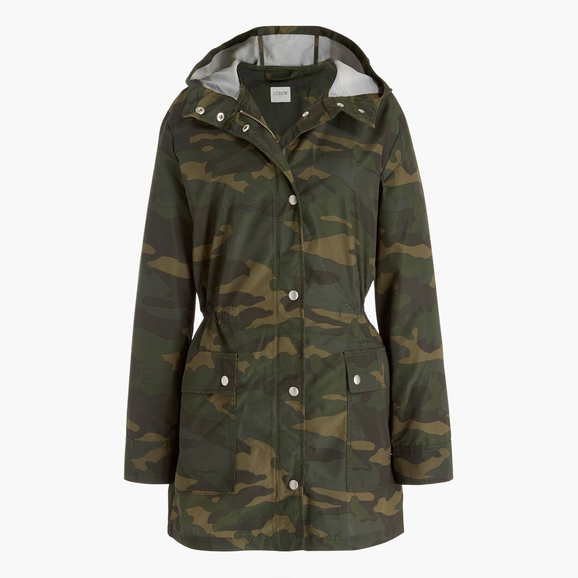 camo midi-length raincoat with snaps for women