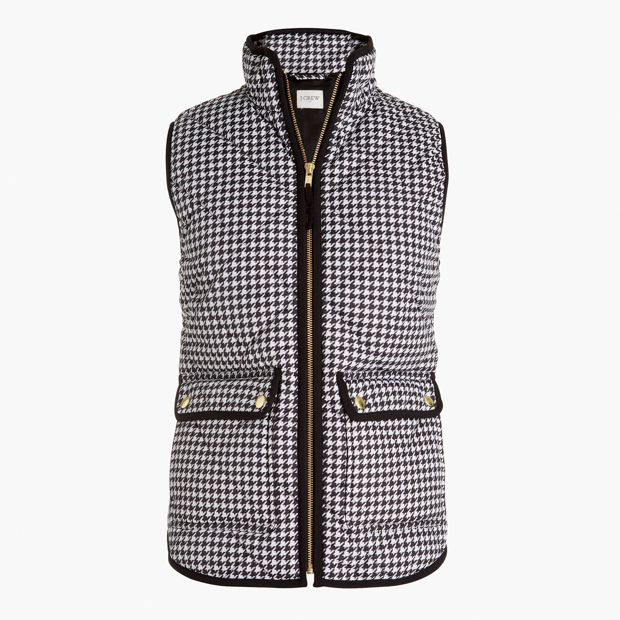 houndstooth puffer vest with snap pockets for women