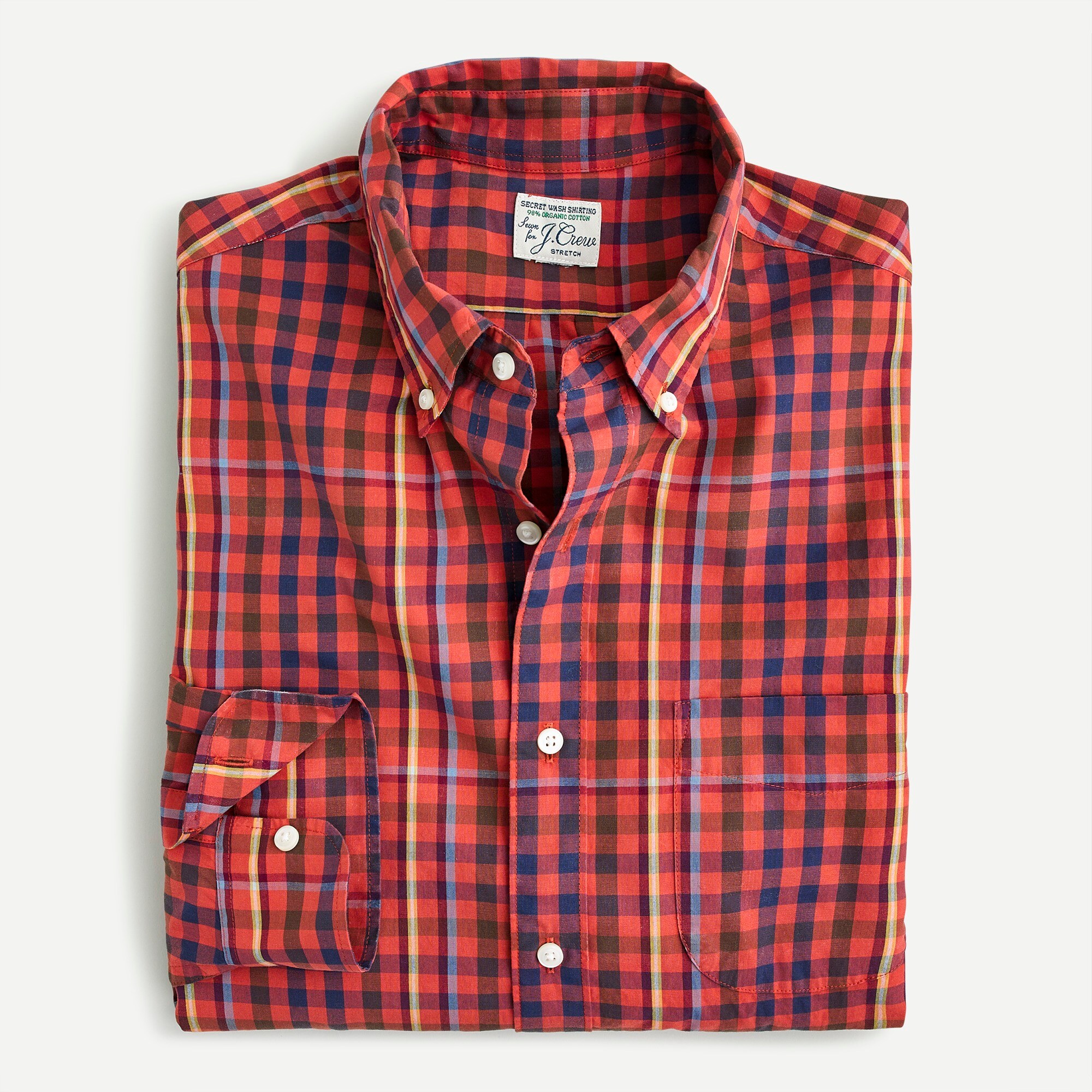 j.crew: slim stretch secret wash cotton poplin shirt in plaid for men, right side, view zoomed
