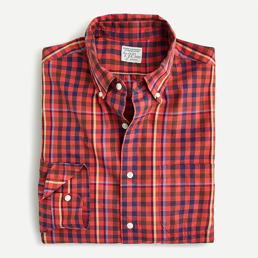 j.crew: slim stretch secret wash cotton poplin shirt in plaid for men, right side, view zoomed