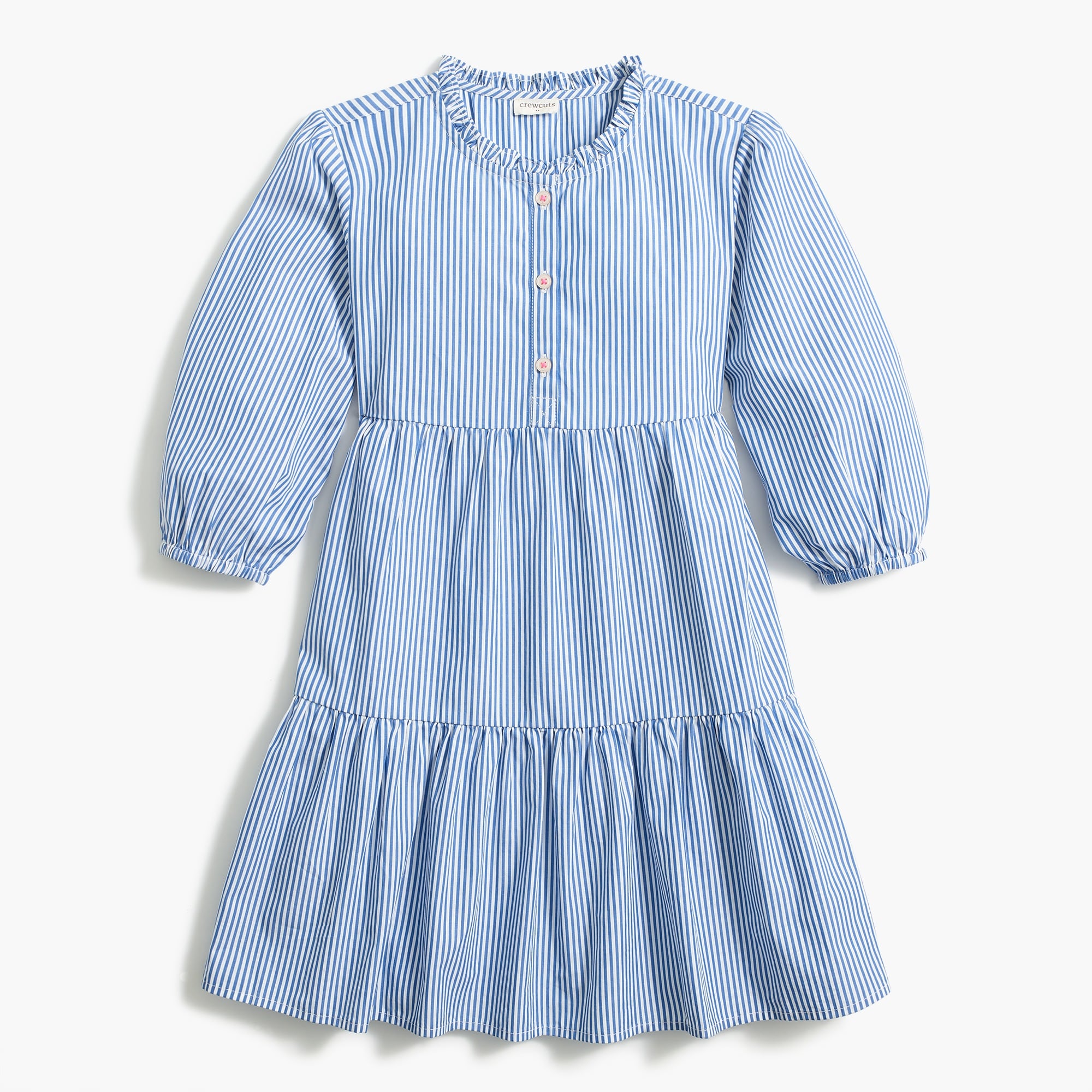 Girls' long-sleeve striped tiered poplin dress