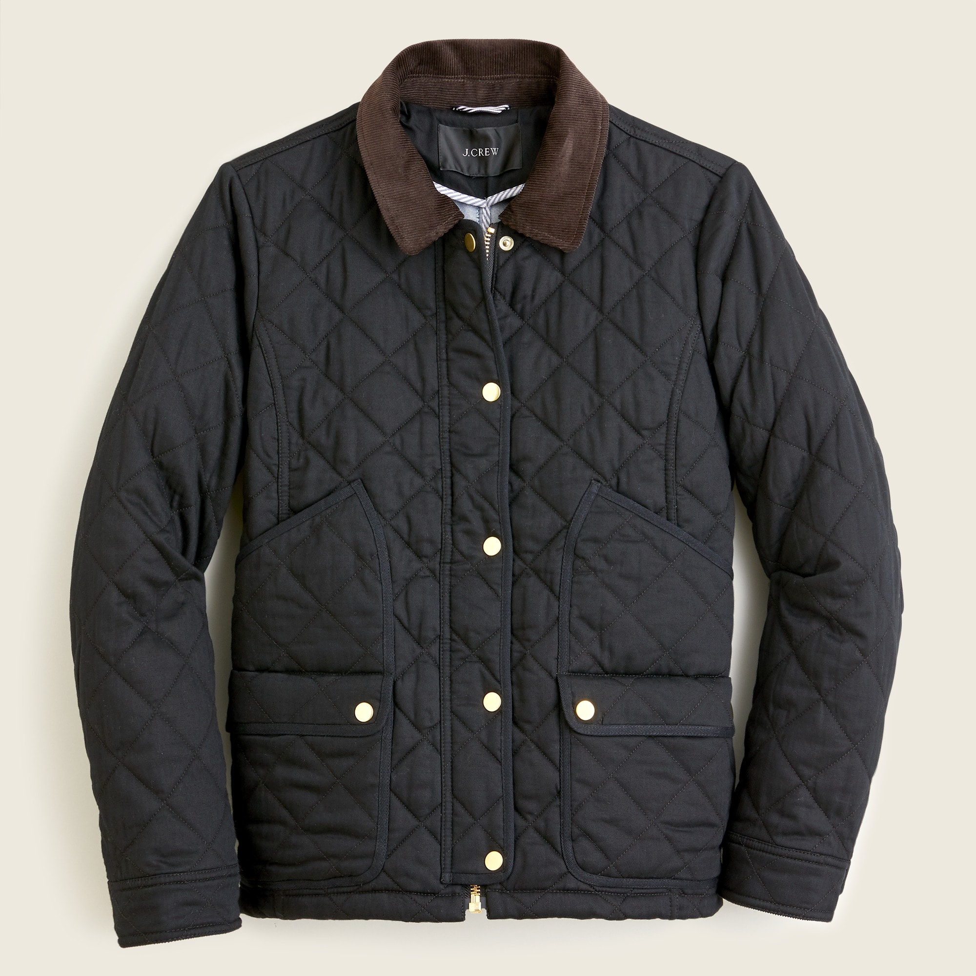 J.Crew quilted barn jacket in black with corduroy collar