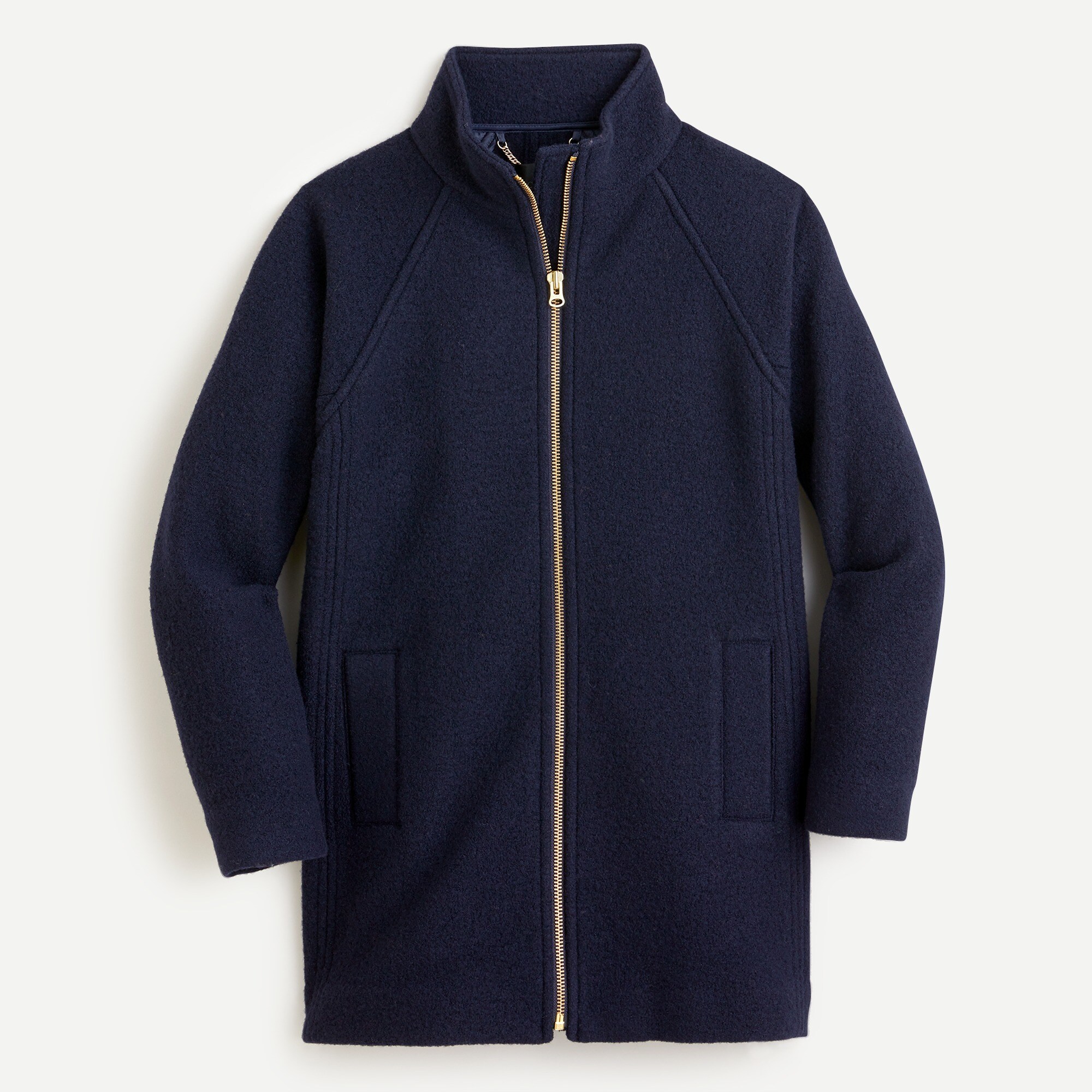 Swingy mockneck coat in Italian boiled wool