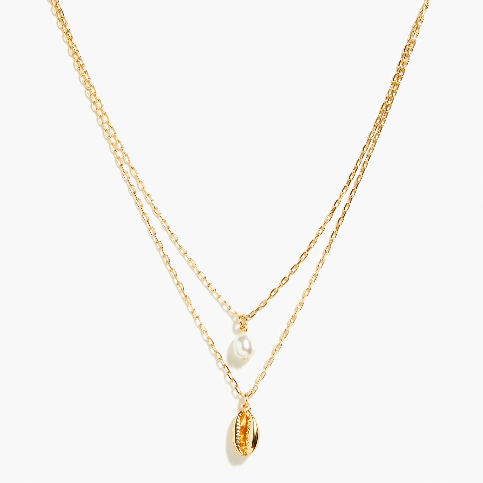 Single pearl and shell layering necklace