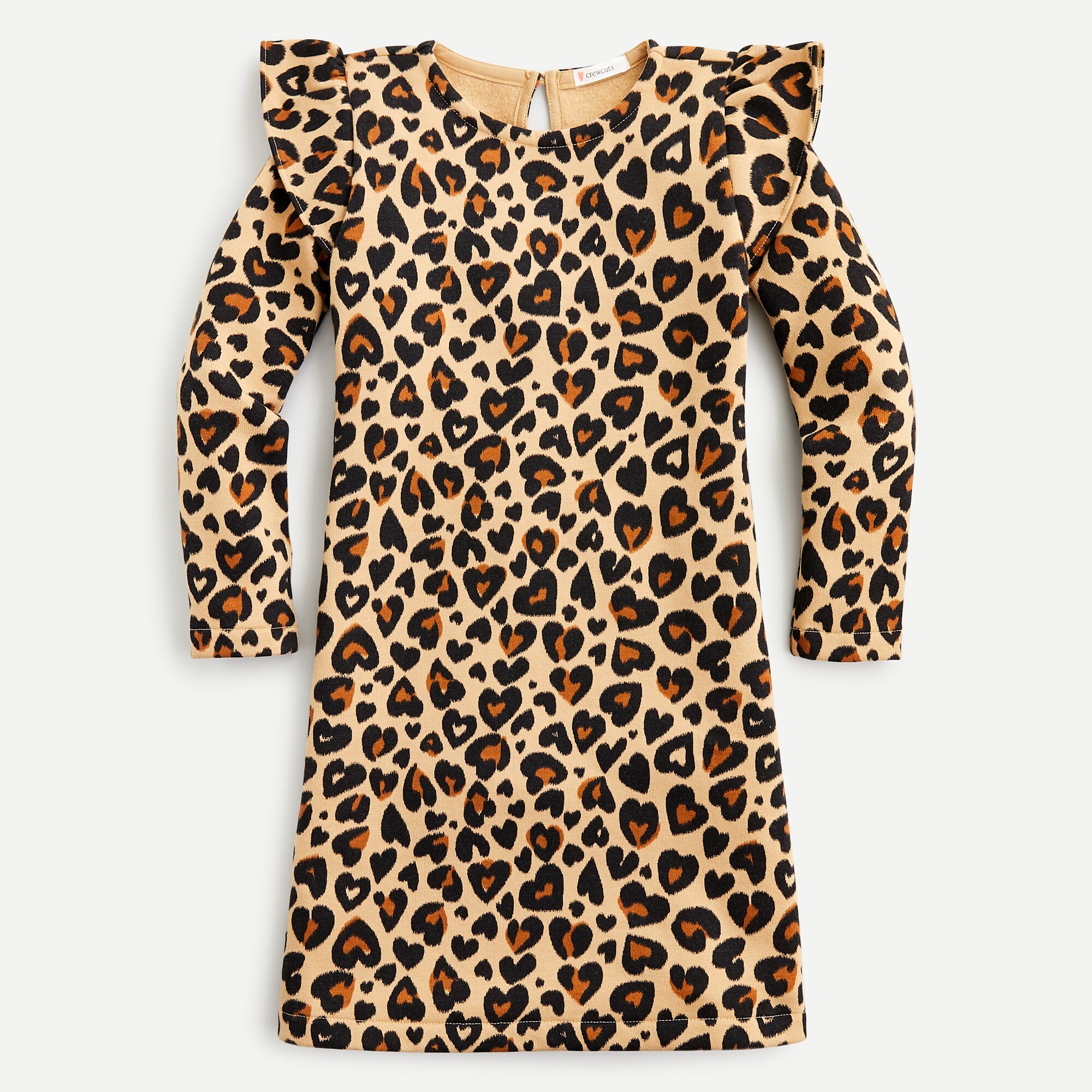 Girls' ruffle-shoulder fleece dress in heart leopard