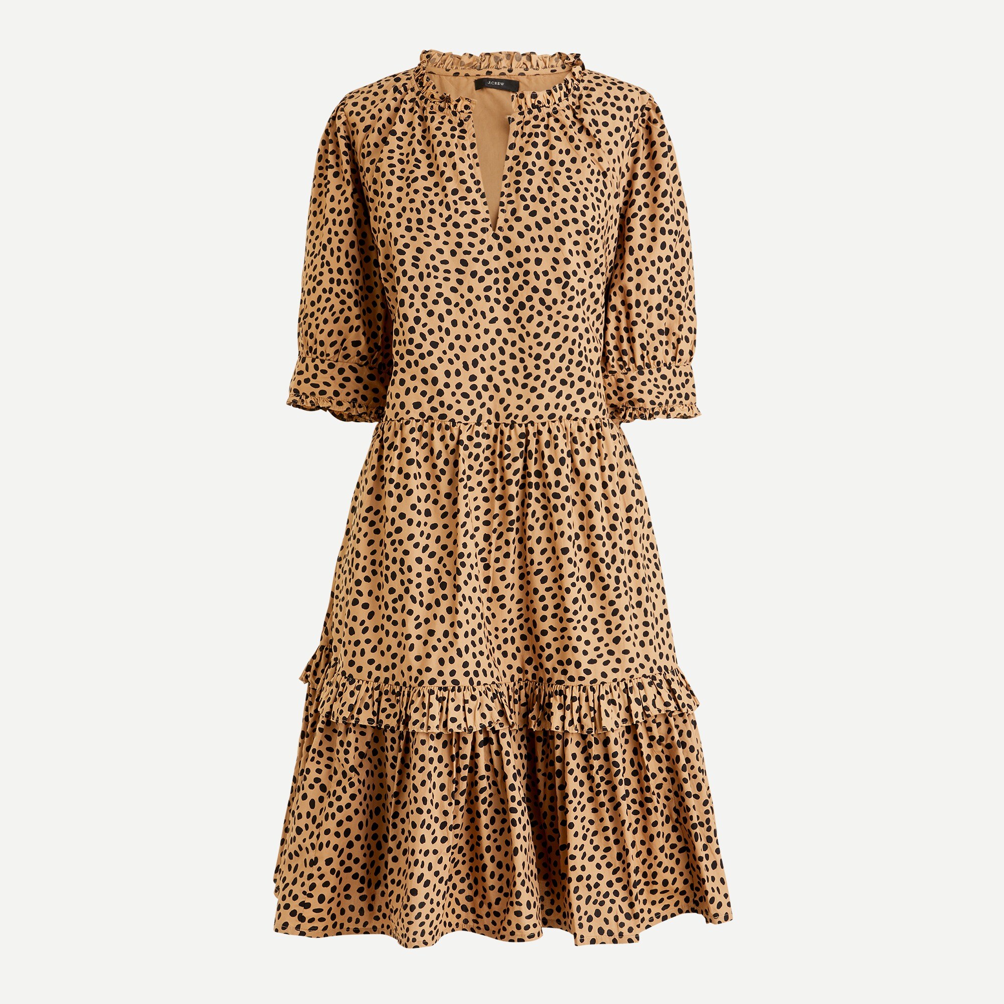 Ruffleneck tiered popover dress in leopard dot