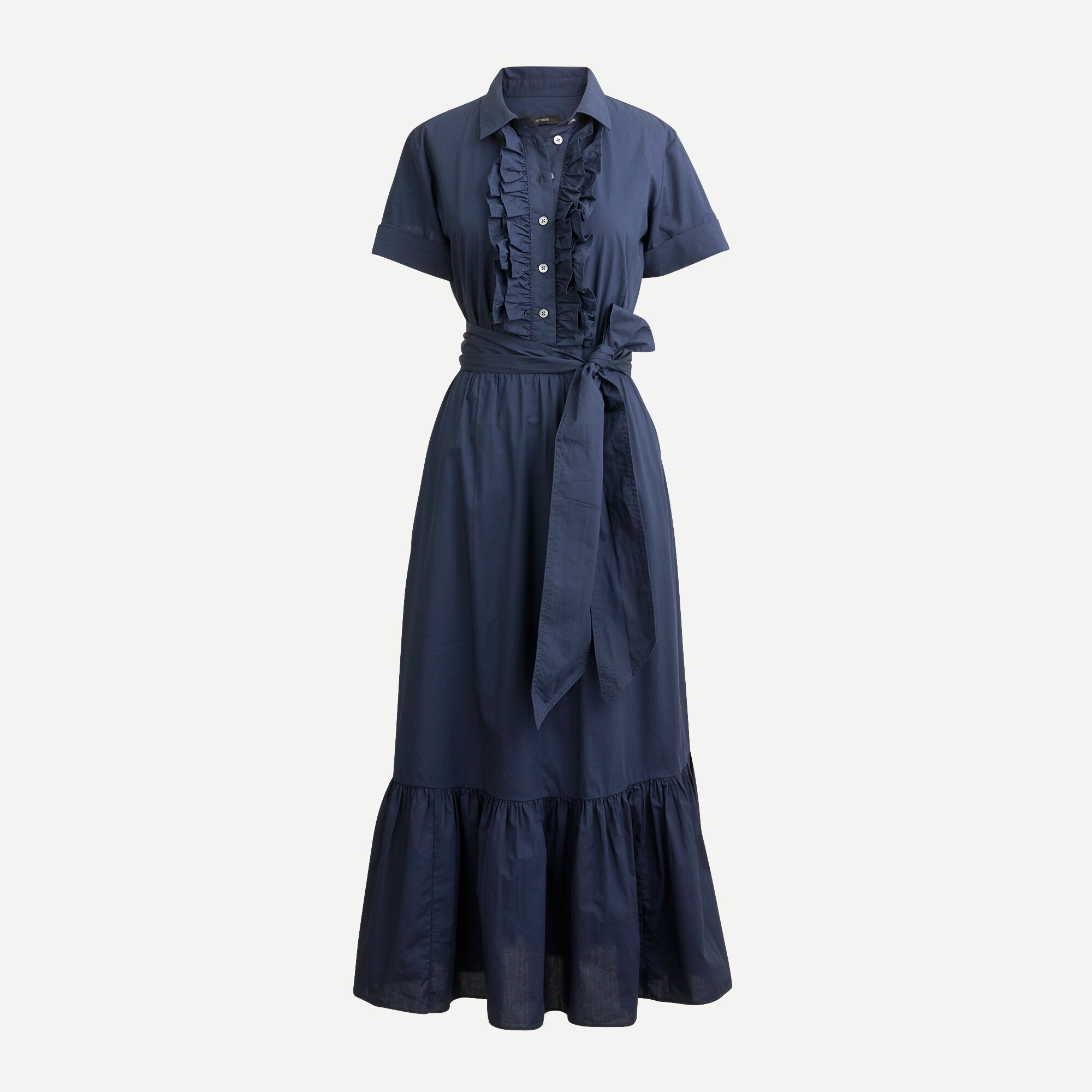 knee length dresses for ladies Women's in Perfect Order Pink Stripe Button Front Ruffle Collar Midi Shirt Dress | Size: S main image 1