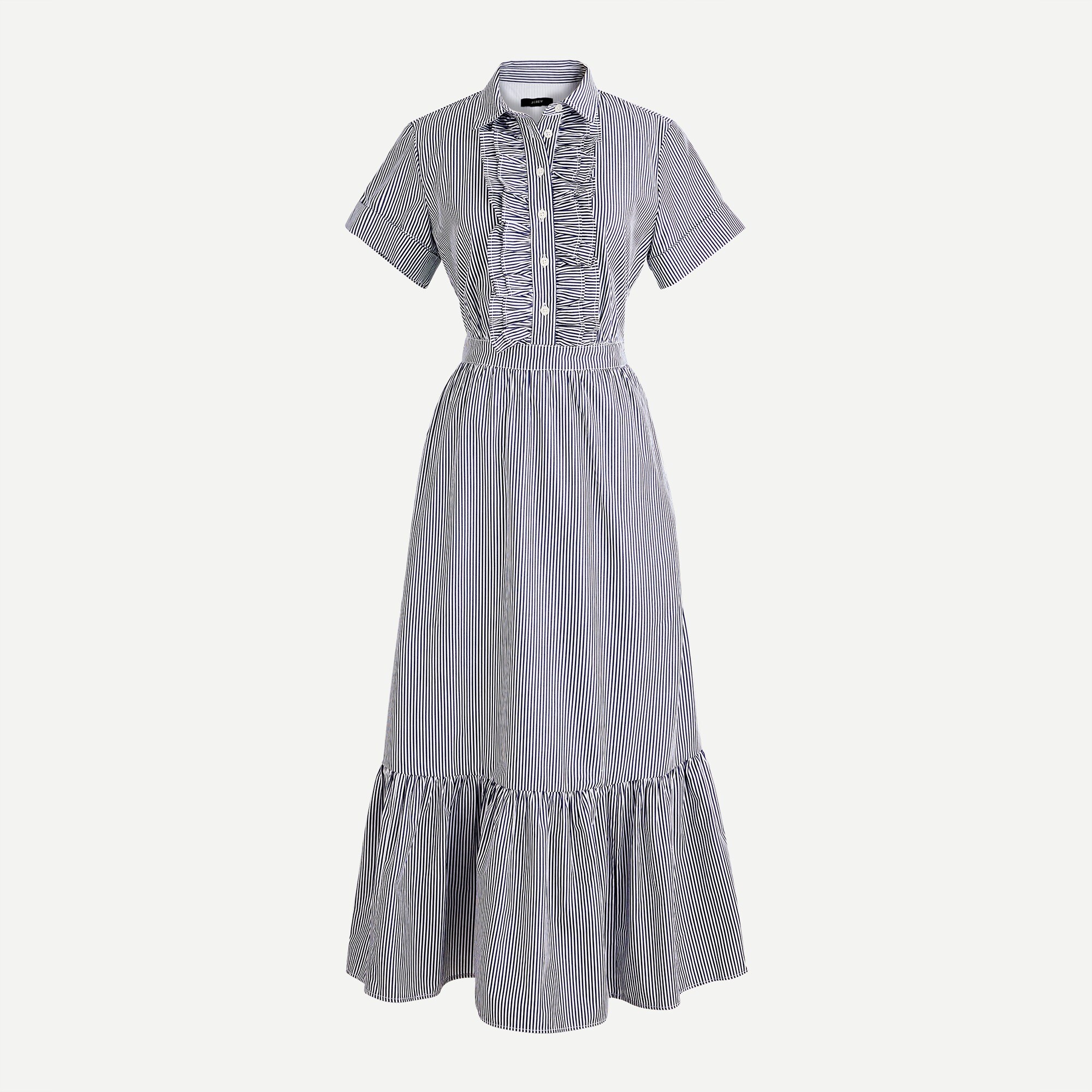 ruffle a-line midi dress in stripe poplin Ruffle A-Line Midi Dress in Stripe Poplin