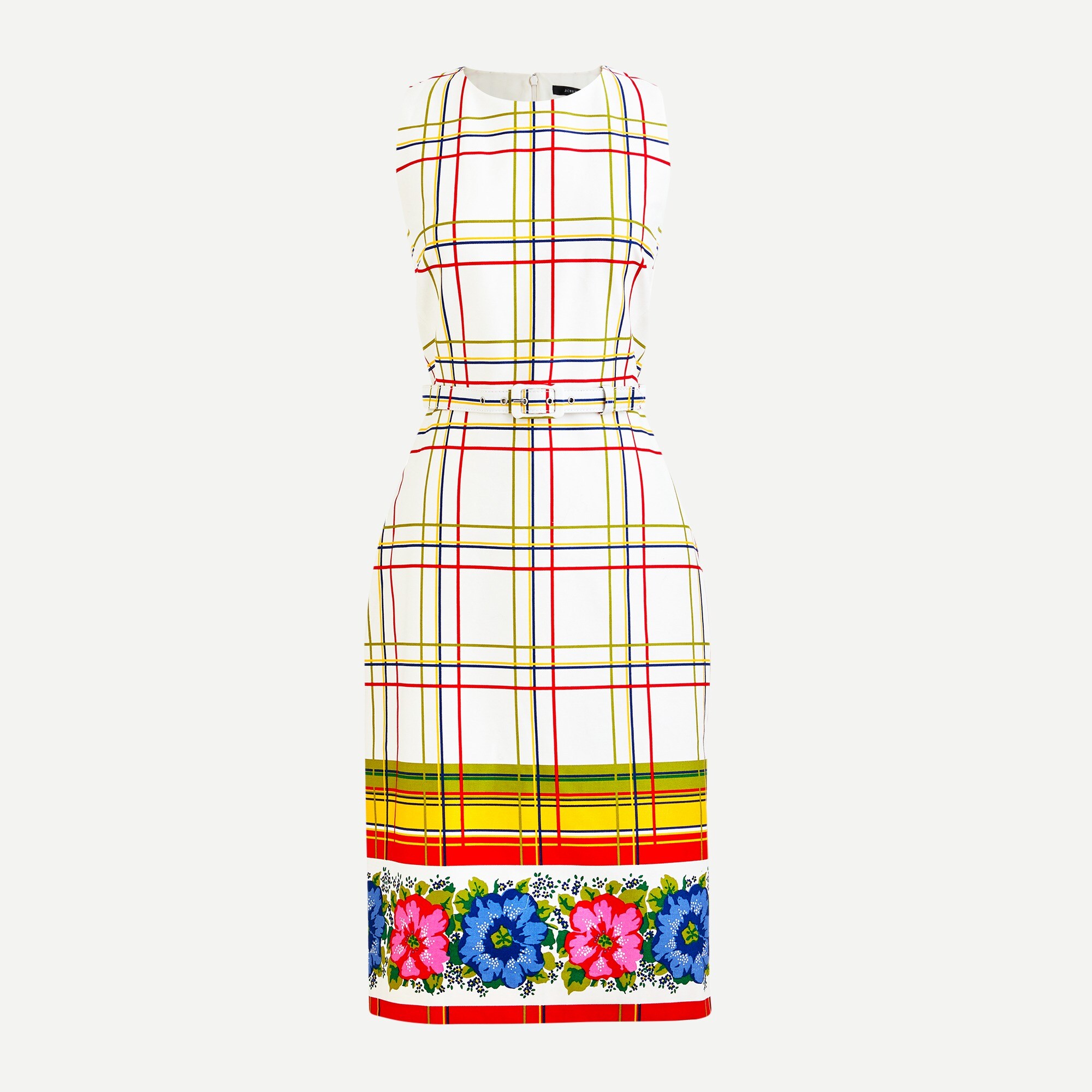 Belted bi-stretch cotton dress with floral border