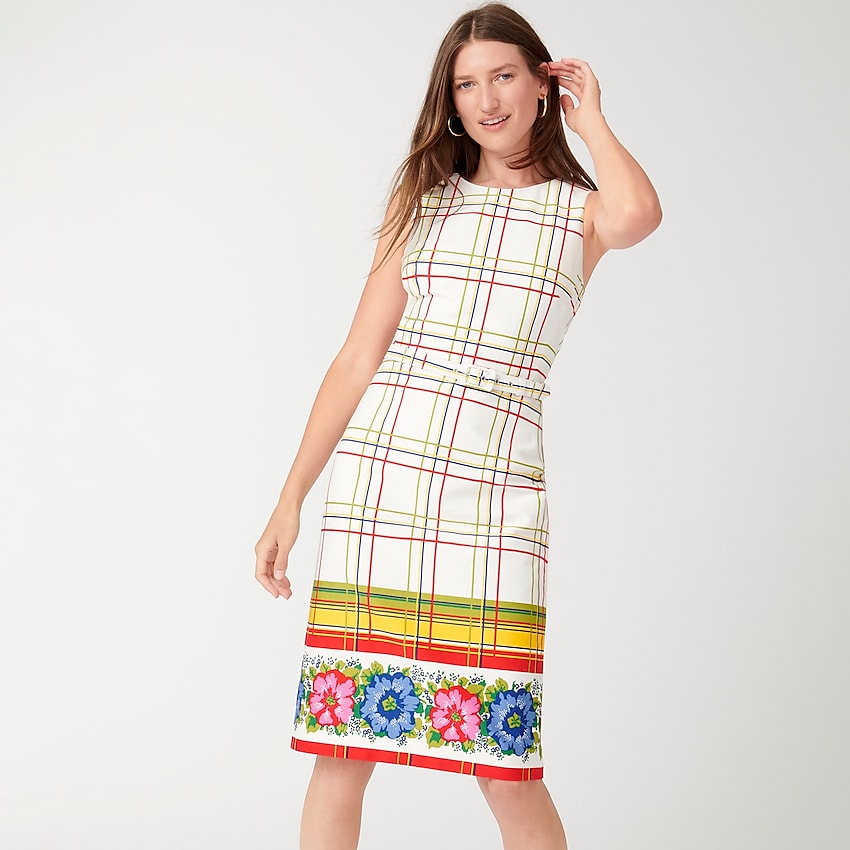 Belted bi-stretch cotton dress with floral border $42.00