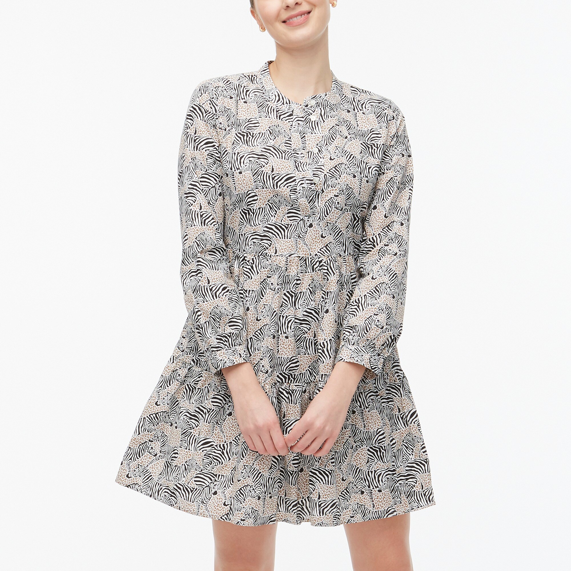 animal-print tiered dress in cotton poplin for women