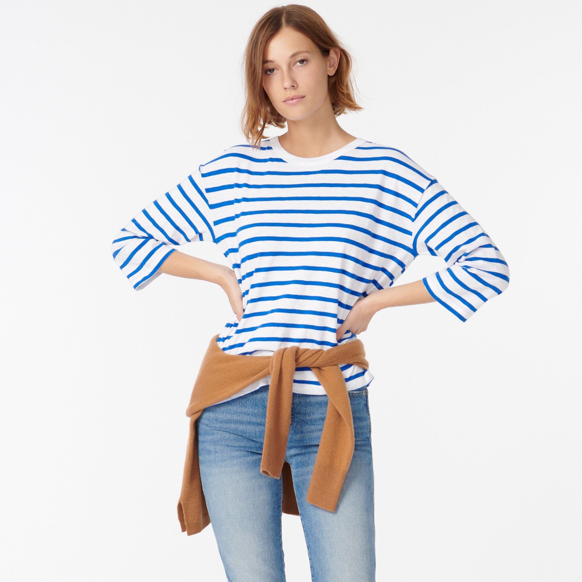 J.Crew: Three-quarter-sleeve Slub Cotton T-shirt In Stripe For Women