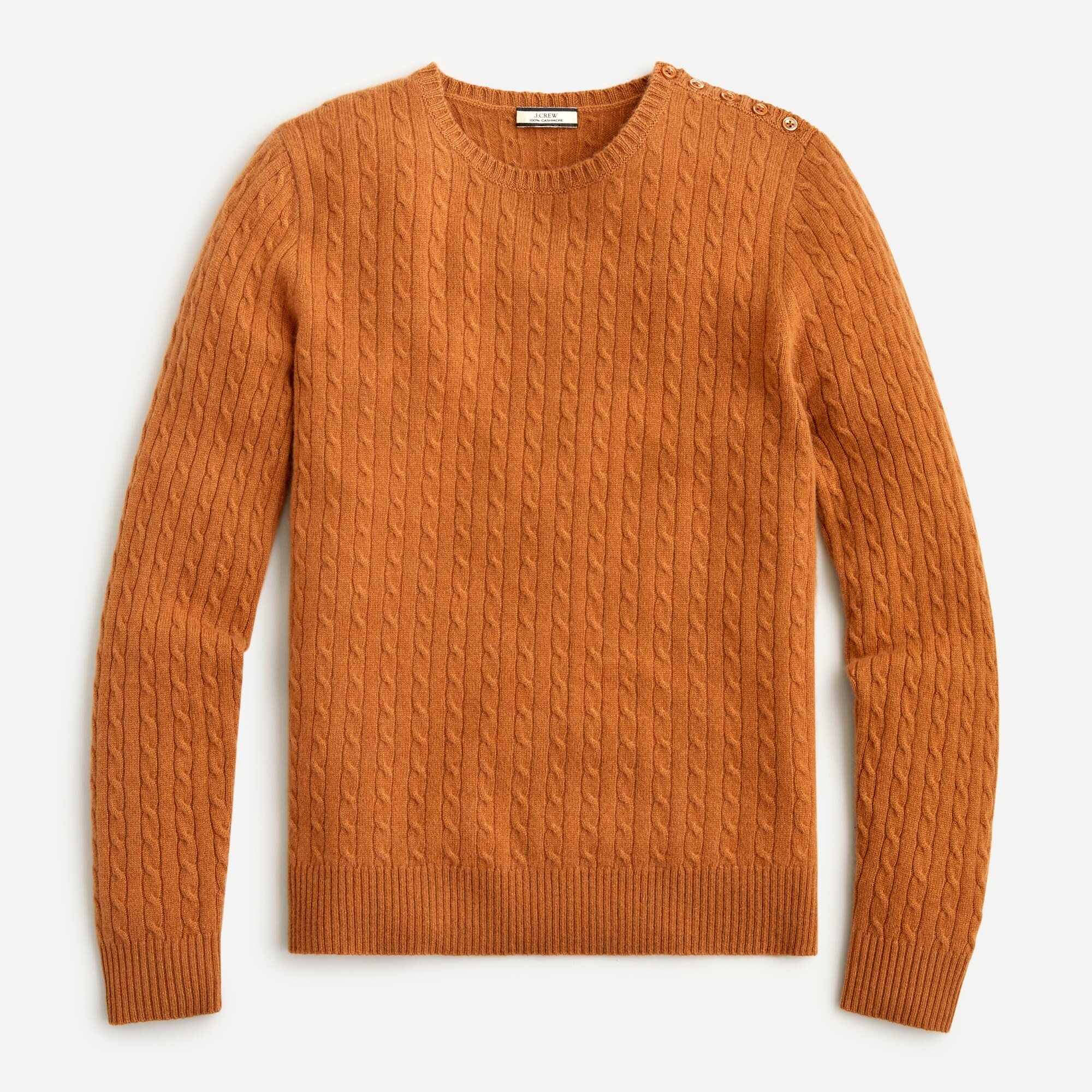 Cable-knit cashmere crewneck sweater with shoulder buttons