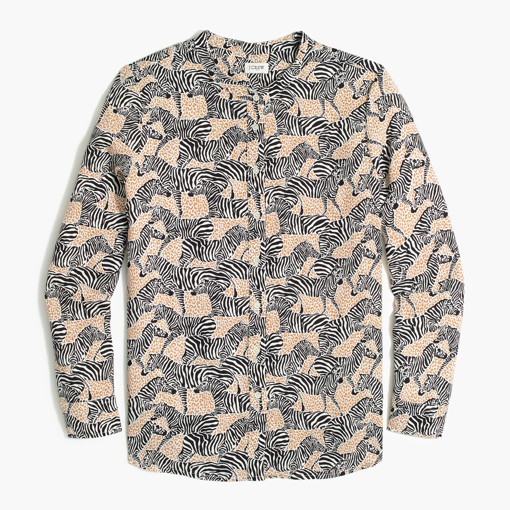 Band collar button-up top in animal print