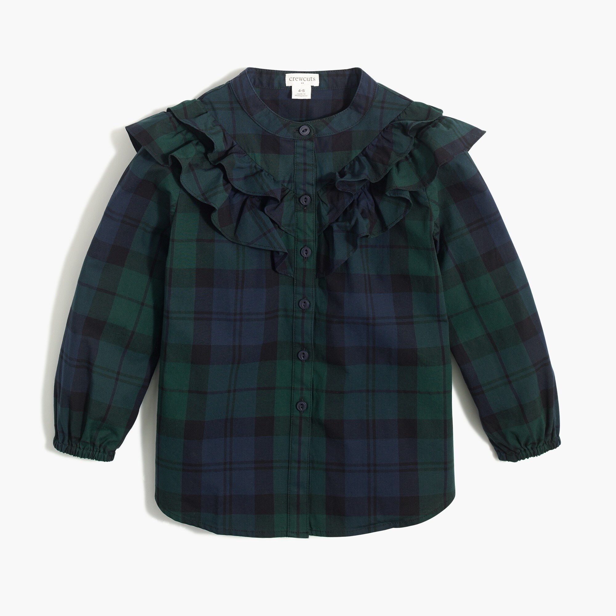 Girls' ruffle-front top in Black Watch plaid