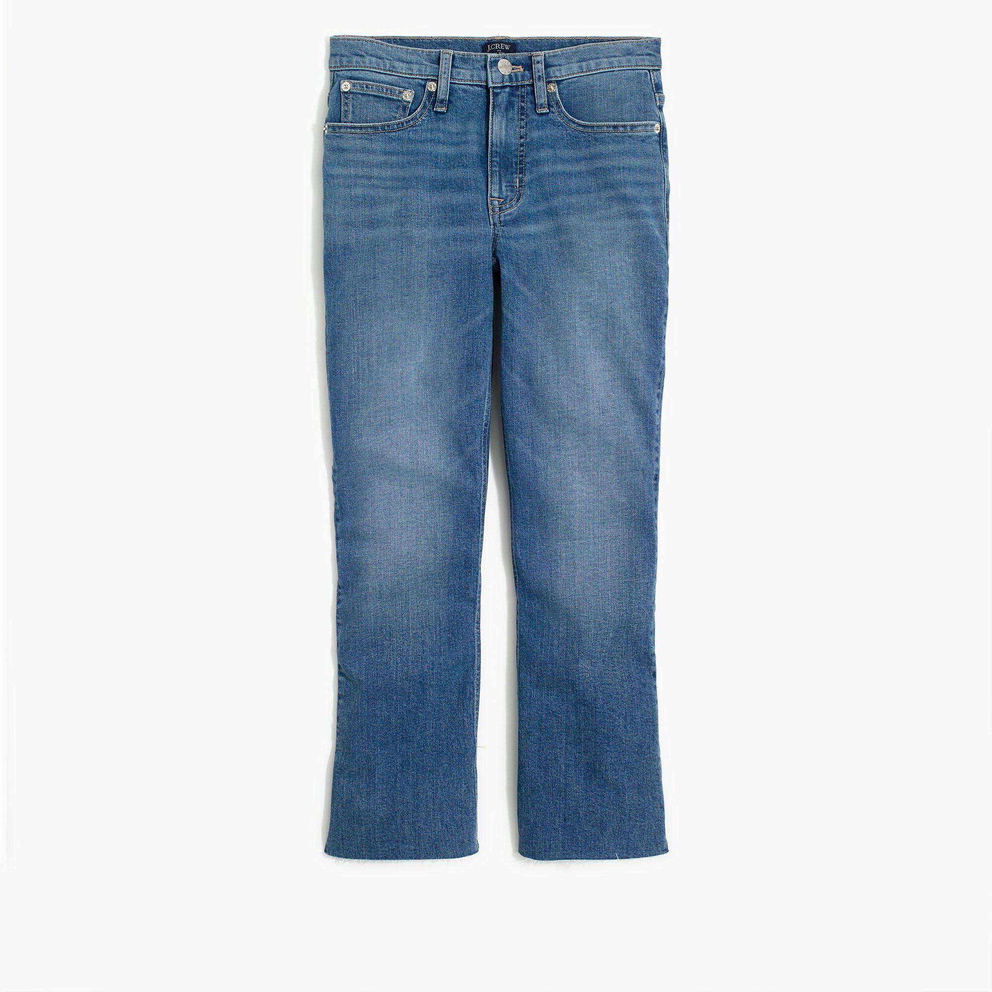 9" high-rise flare crop jean with cut hem in dusty sky wash