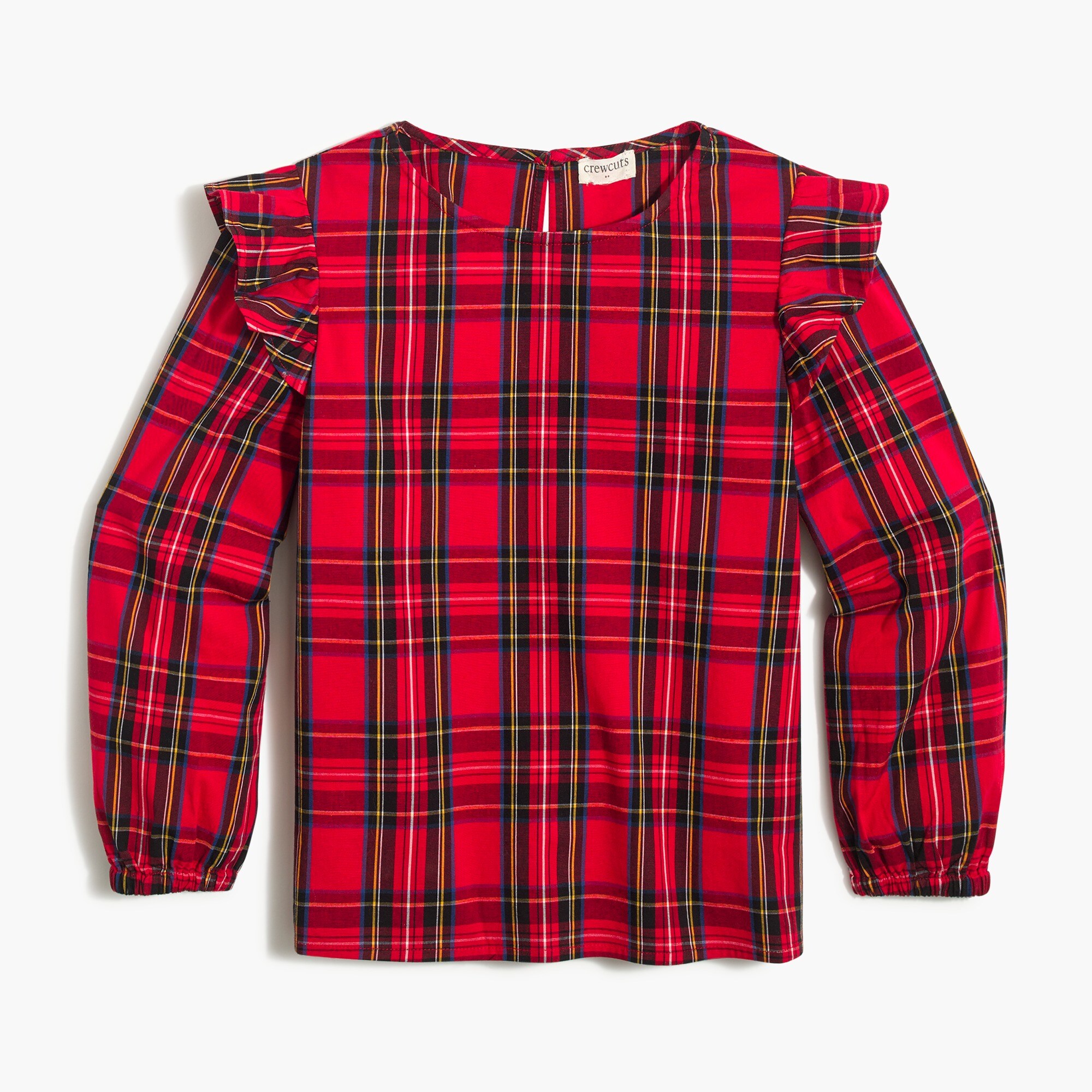 Girls' tartan ruffle-shoulder top