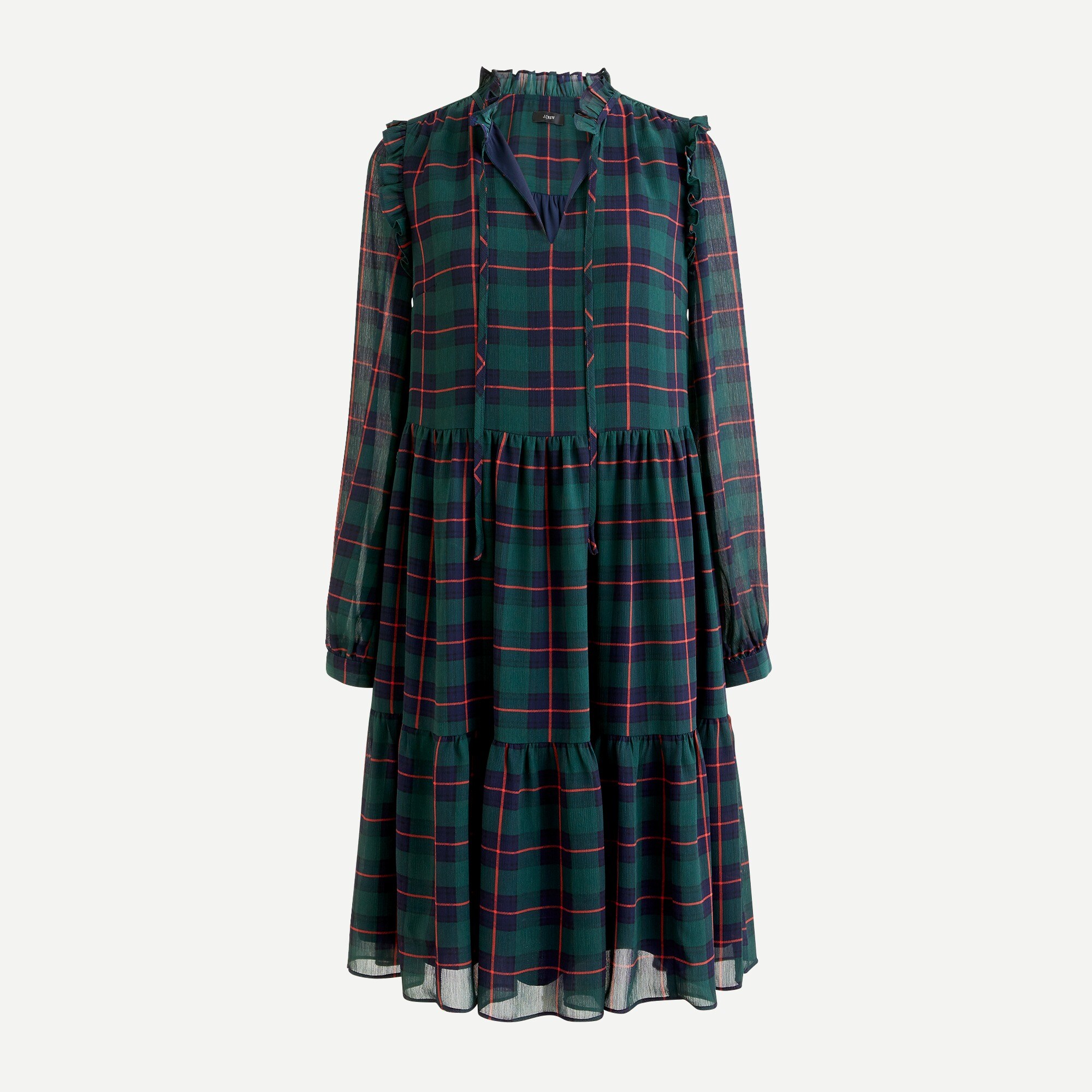 Tie-neck tiered dress in Black Watch tartan
