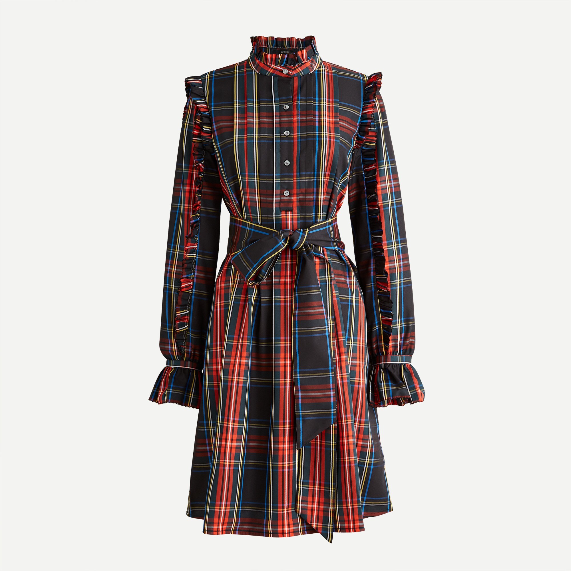 Belted ruffle dress in black Stewart tartan