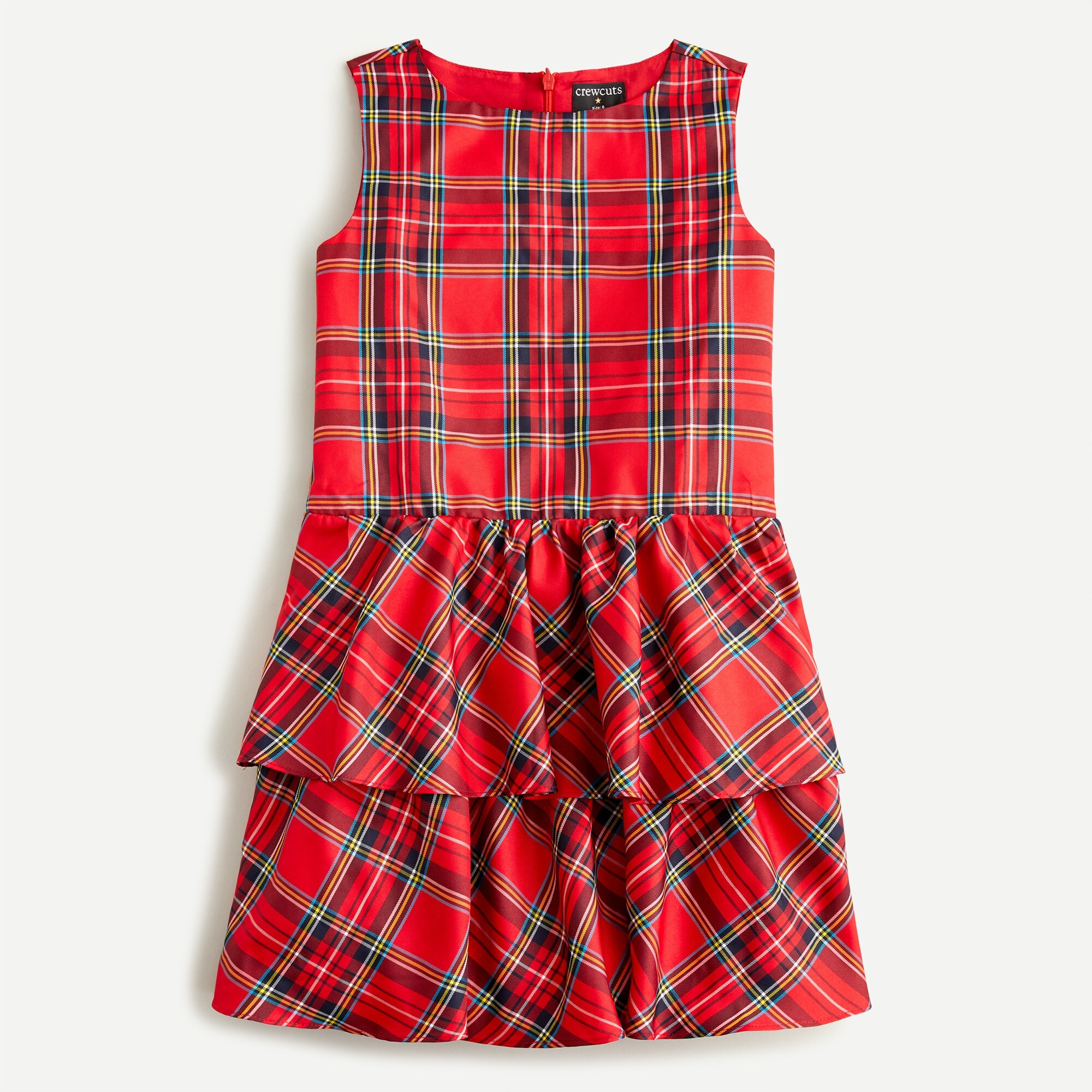 Girls' tiered-skirt dress in red Stewart tartan
