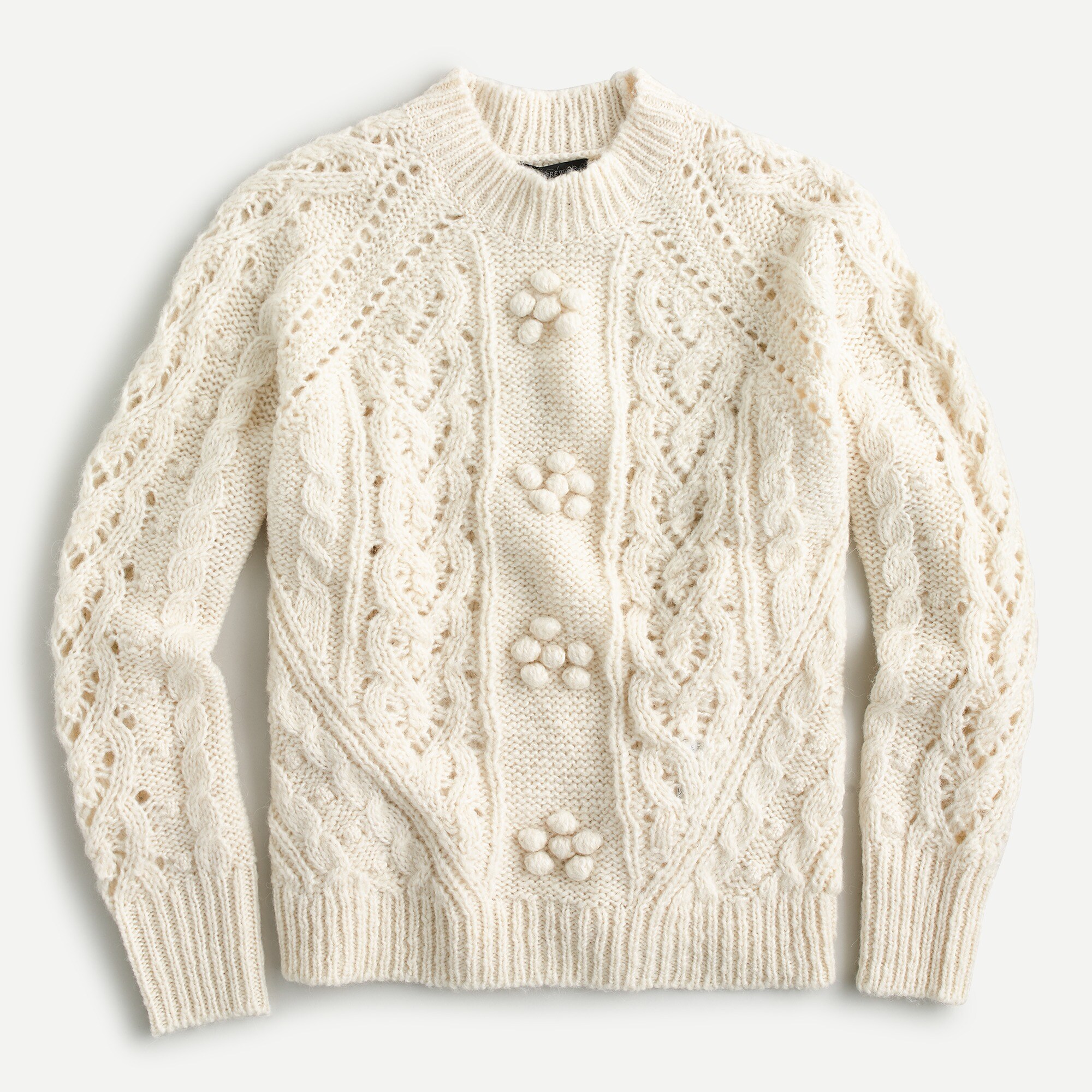 Cable-knit pointelle sweater with popcorn flowers