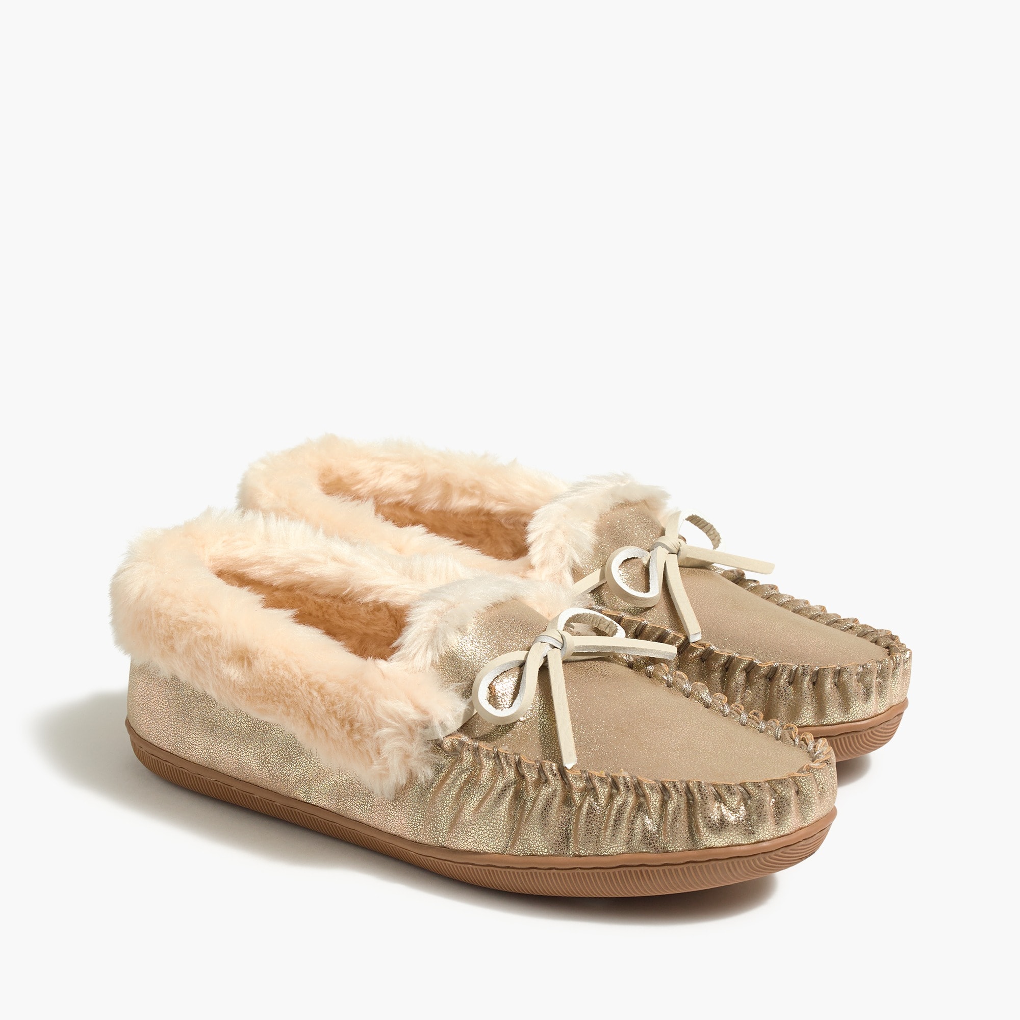 Metallic gold faux suede and shearling moccasin slippers