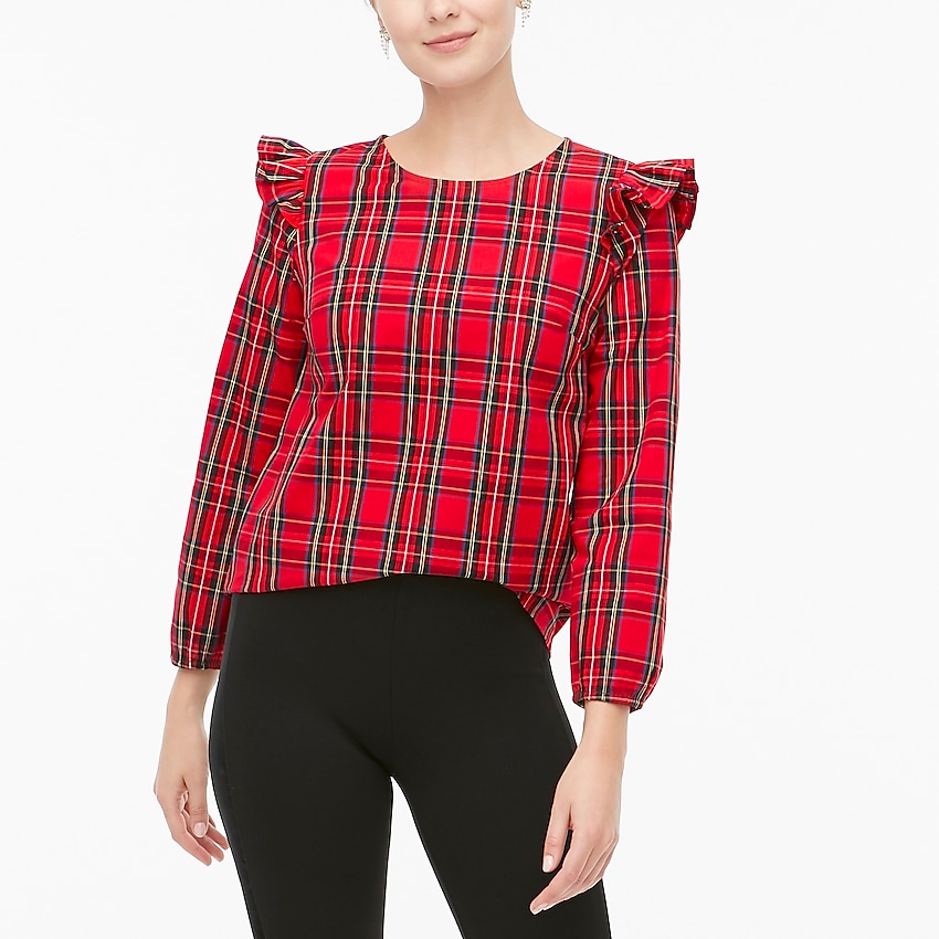 j.crew factory: tartan ruffle-trim woven top for women, right side, view zoomed