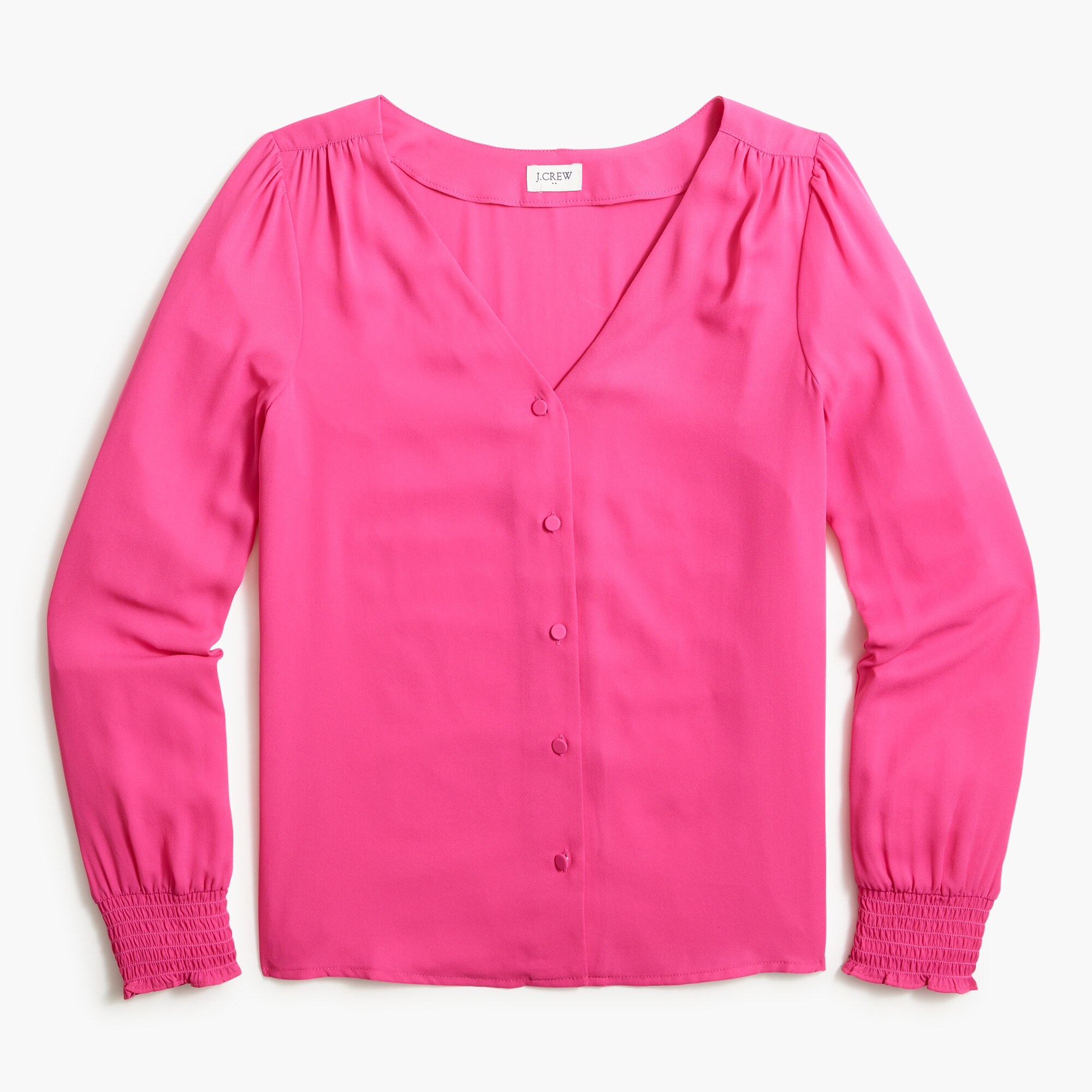 Smocked-sleeve button-up top