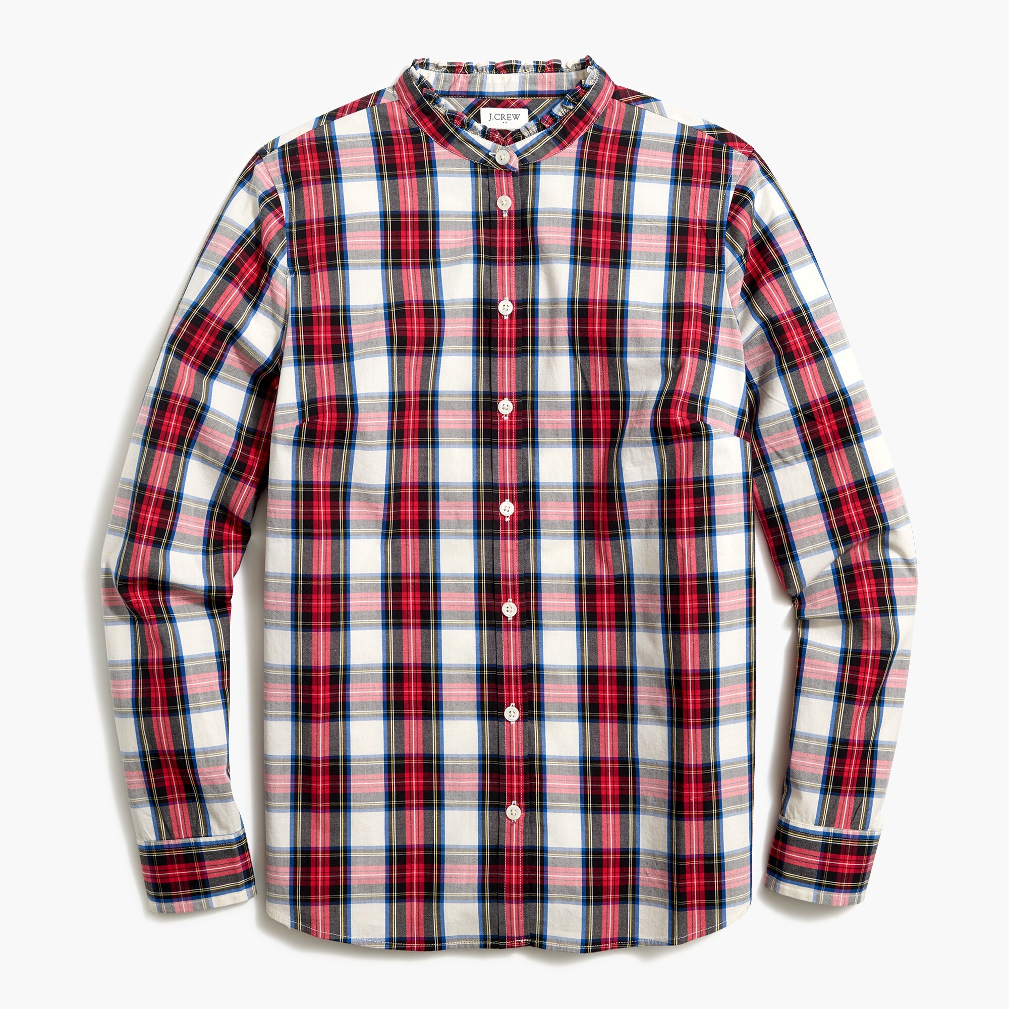 Tartan button-front top with ruffled collar