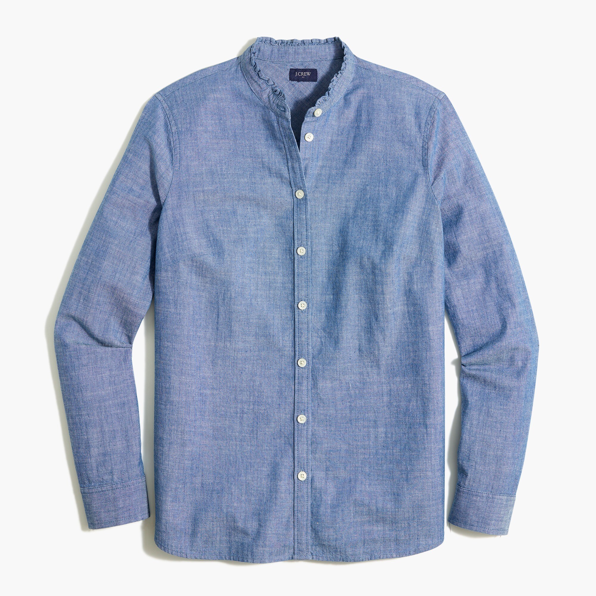 chambray button-front top with ruffled collar for women