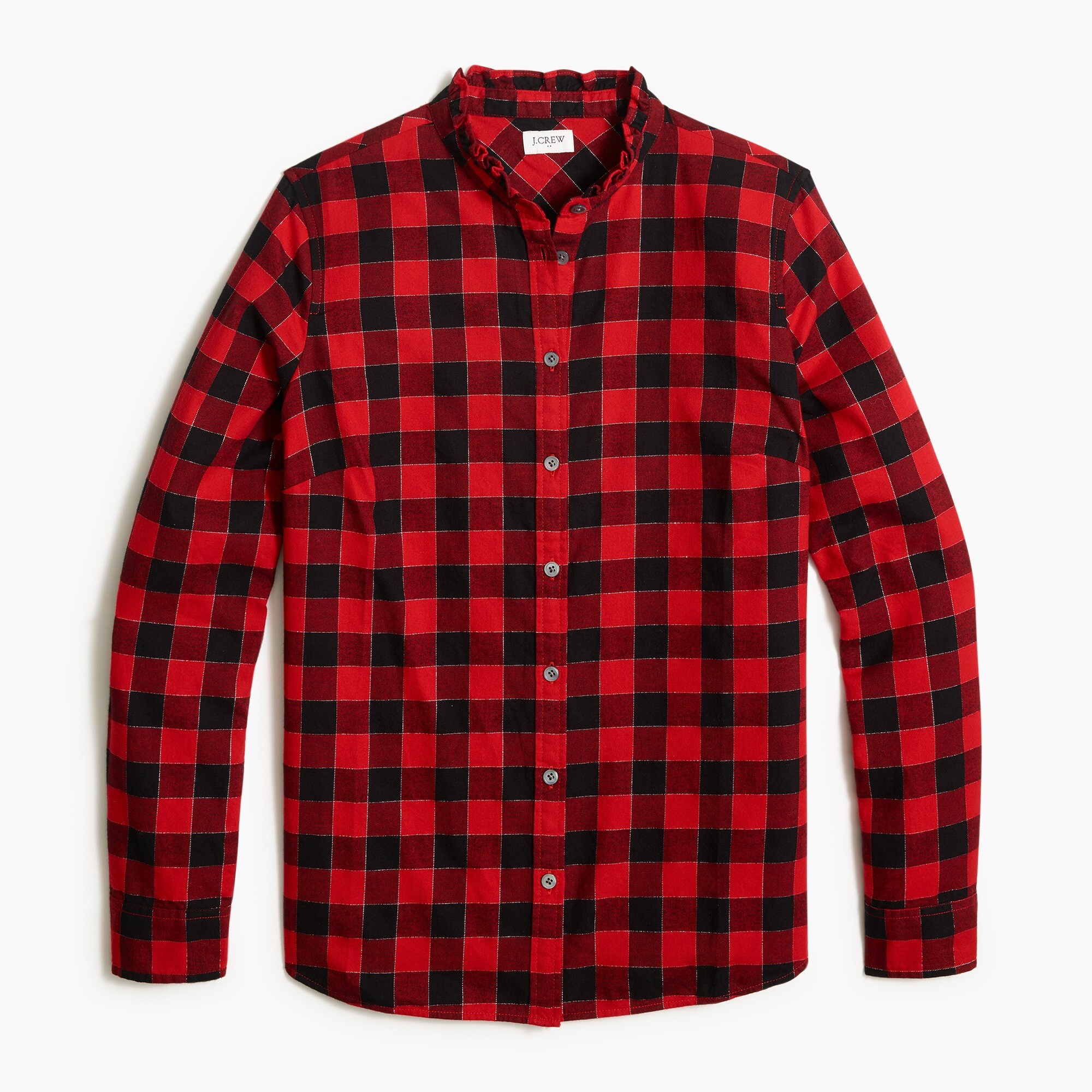 Button-front flannel top with ruffled collar