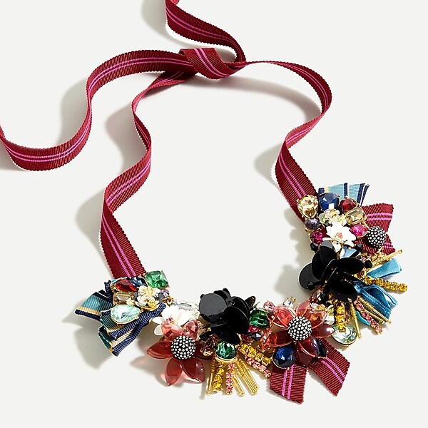 J.Crew Ribbon necklace handmade jewelry, jewelry making, ribbon crafts, ribbon, grosgrain ribbon, beads, barrette, hair clip, hair accessories, needle and thread, upcycle, recycle, blah to TADA, DIY hair accessories