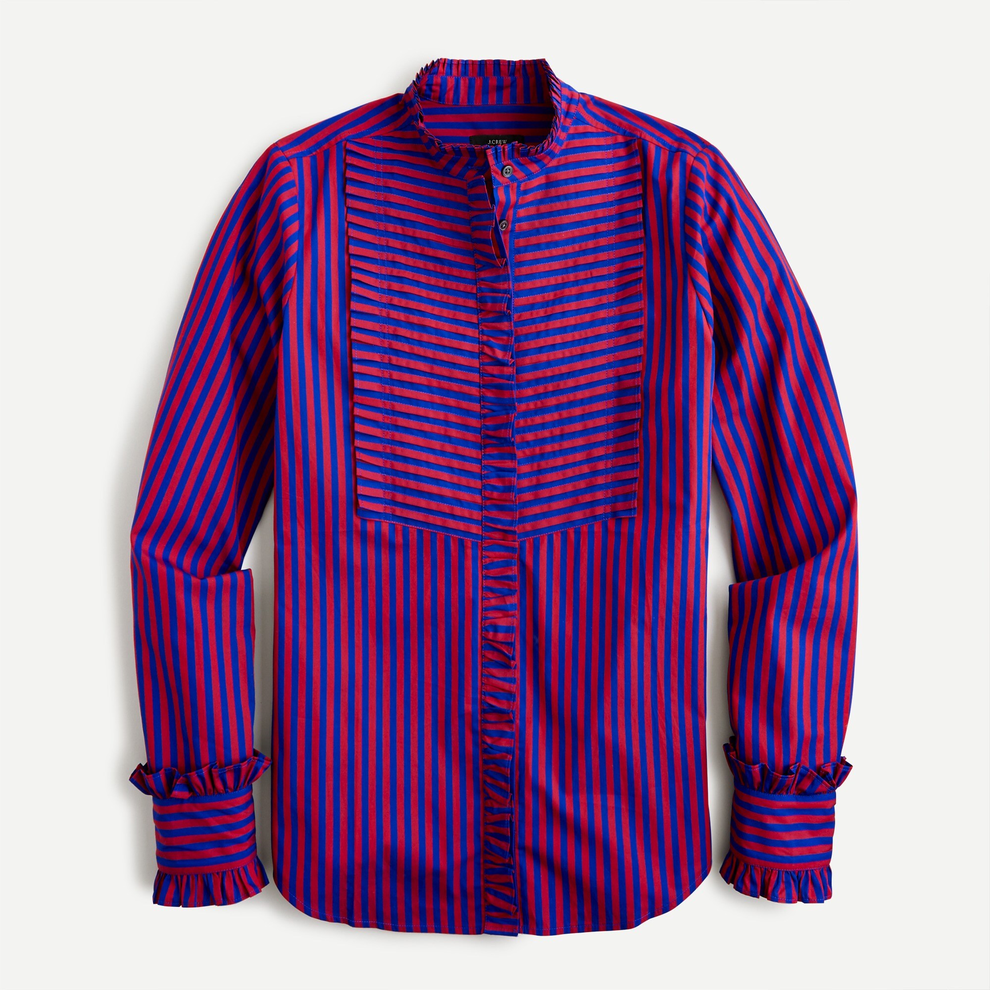 Ruffle-trim tuxedo shirt in stripe