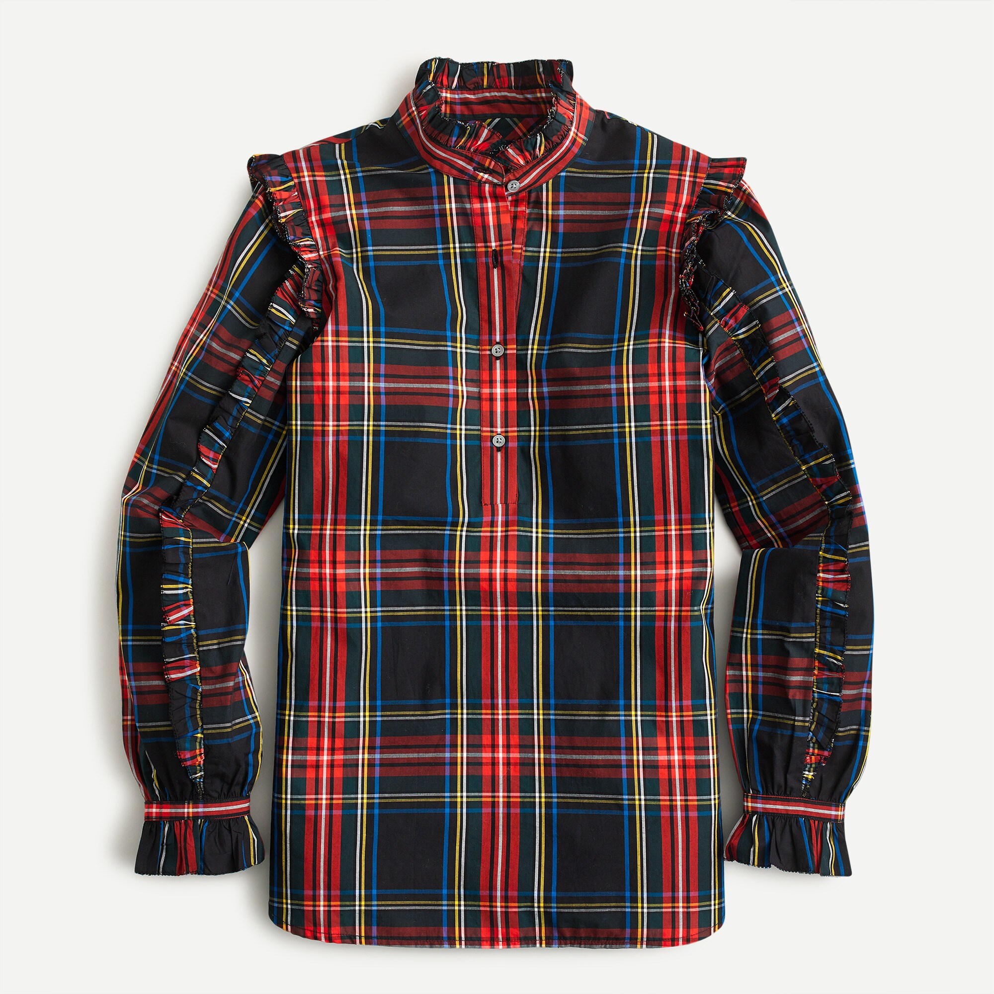 Classic-fit ruffle popover in black Stewart tartan