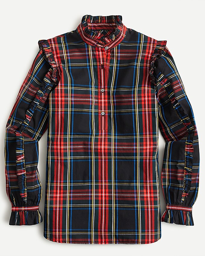 j.crew: classic-fit ruffle popover in black stewart tartan for women, right side, view zoomed